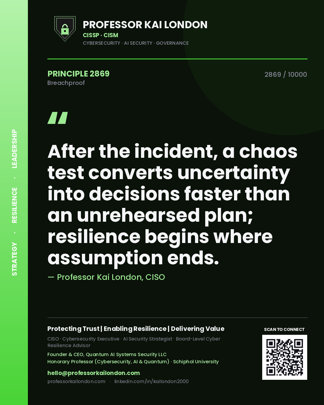 Professor Kai London principle 2869: After the incident, a chaos test converts uncertainty into decisions faster than an unrehearsed plan; resilience begins where assumption ends.