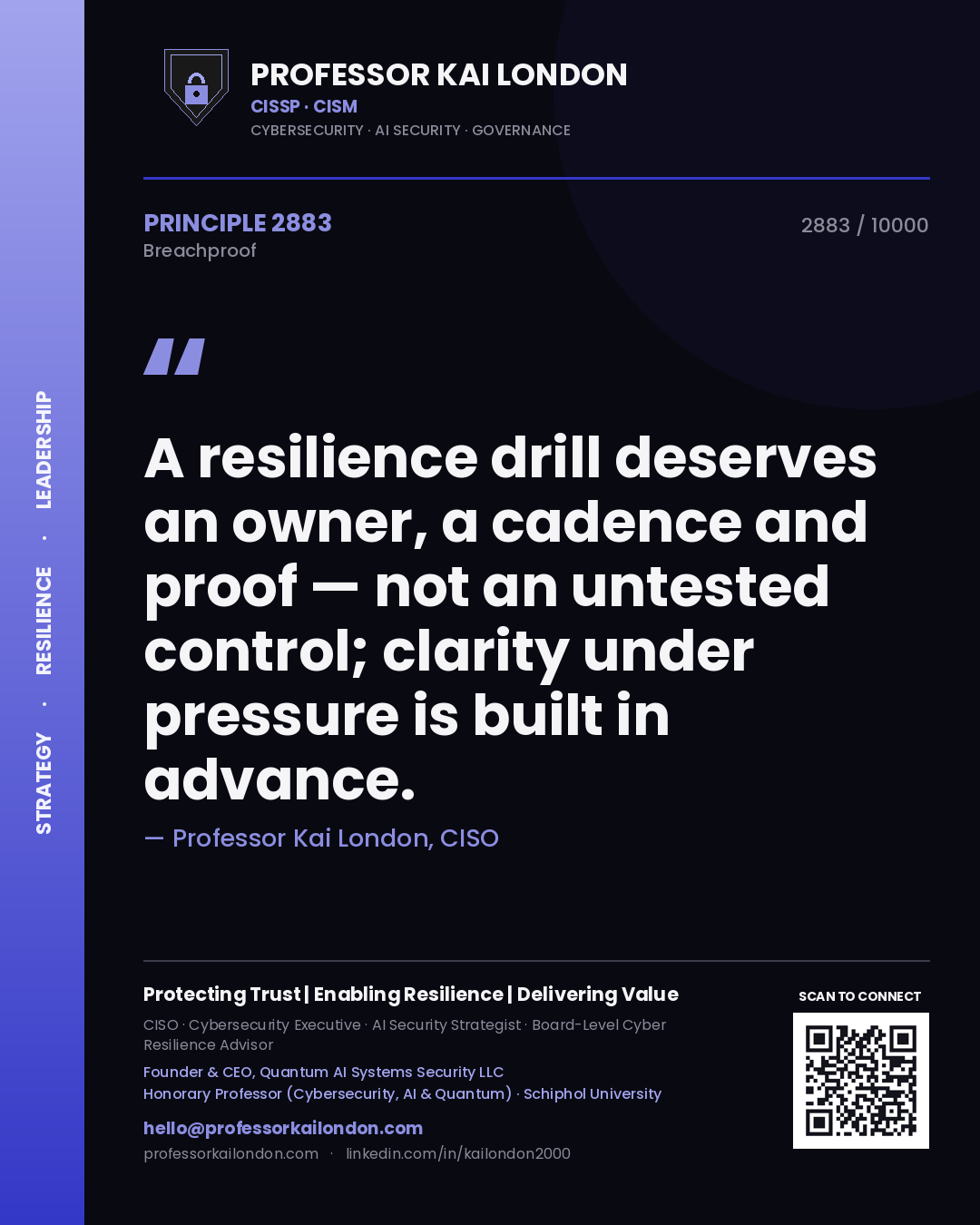 Professor Kai London principle 2883: A resilience drill deserves an owner, a cadence and proof — not an untested control; clarity under pressure is built in advance.