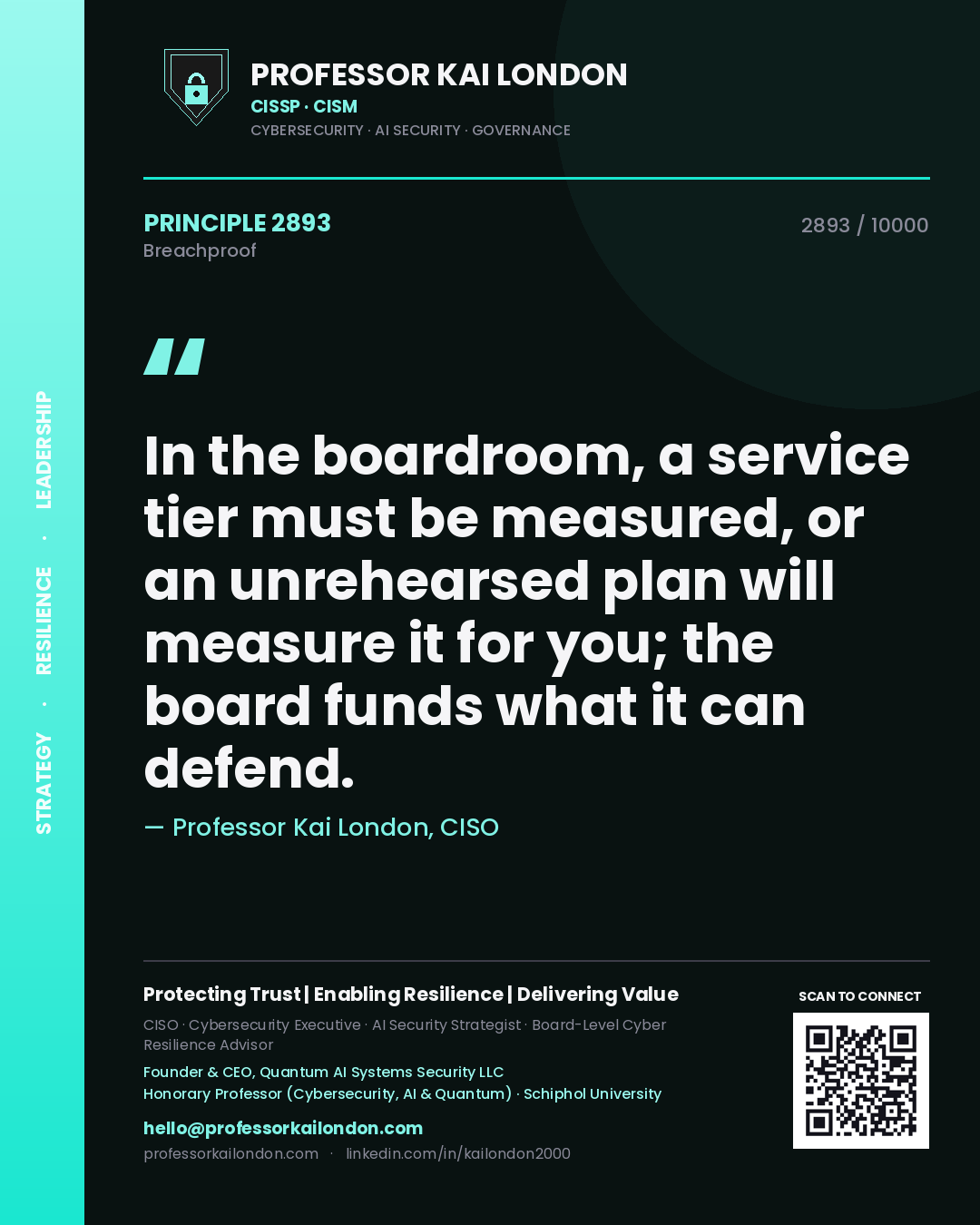 Professor Kai London principle 2893: In the boardroom, a service tier must be measured, or an unrehearsed plan will measure it for you; the board funds what it can defend.