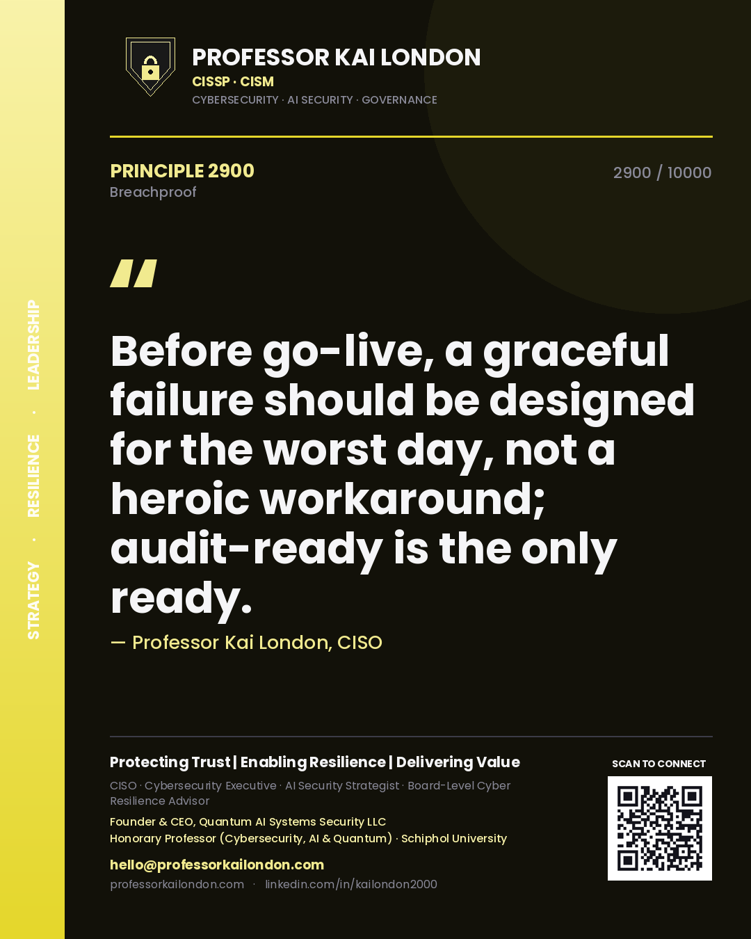 Professor Kai London principle 2900: Before go-live, a graceful failure should be designed for the worst day, not a heroic workaround; audit-ready is the only ready.