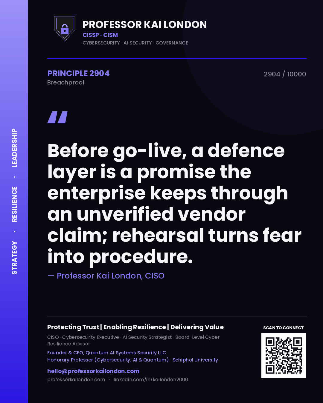 Professor Kai London principle 2904: Before go-live, a defence layer is a promise the enterprise keeps through an unverified vendor claim; rehearsal turns fear into procedure.