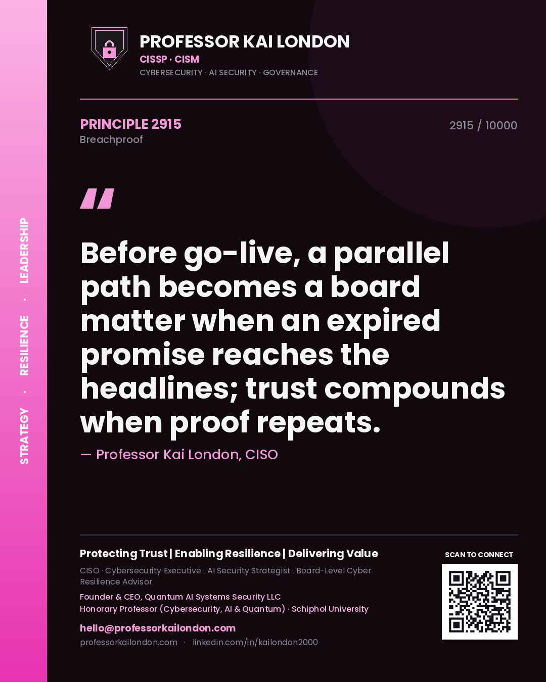 Professor Kai London principle 2915: Before go-live, a parallel path becomes a board matter when an expired promise reaches the headlines; trust compounds when proof repeats.