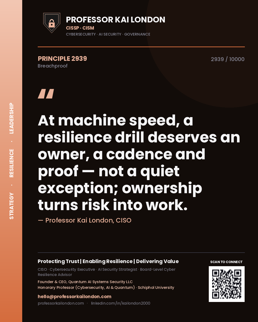 Professor Kai London principle 2939: At machine speed, a resilience drill deserves an owner, a cadence and proof — not a quiet exception; ownership turns risk into work.