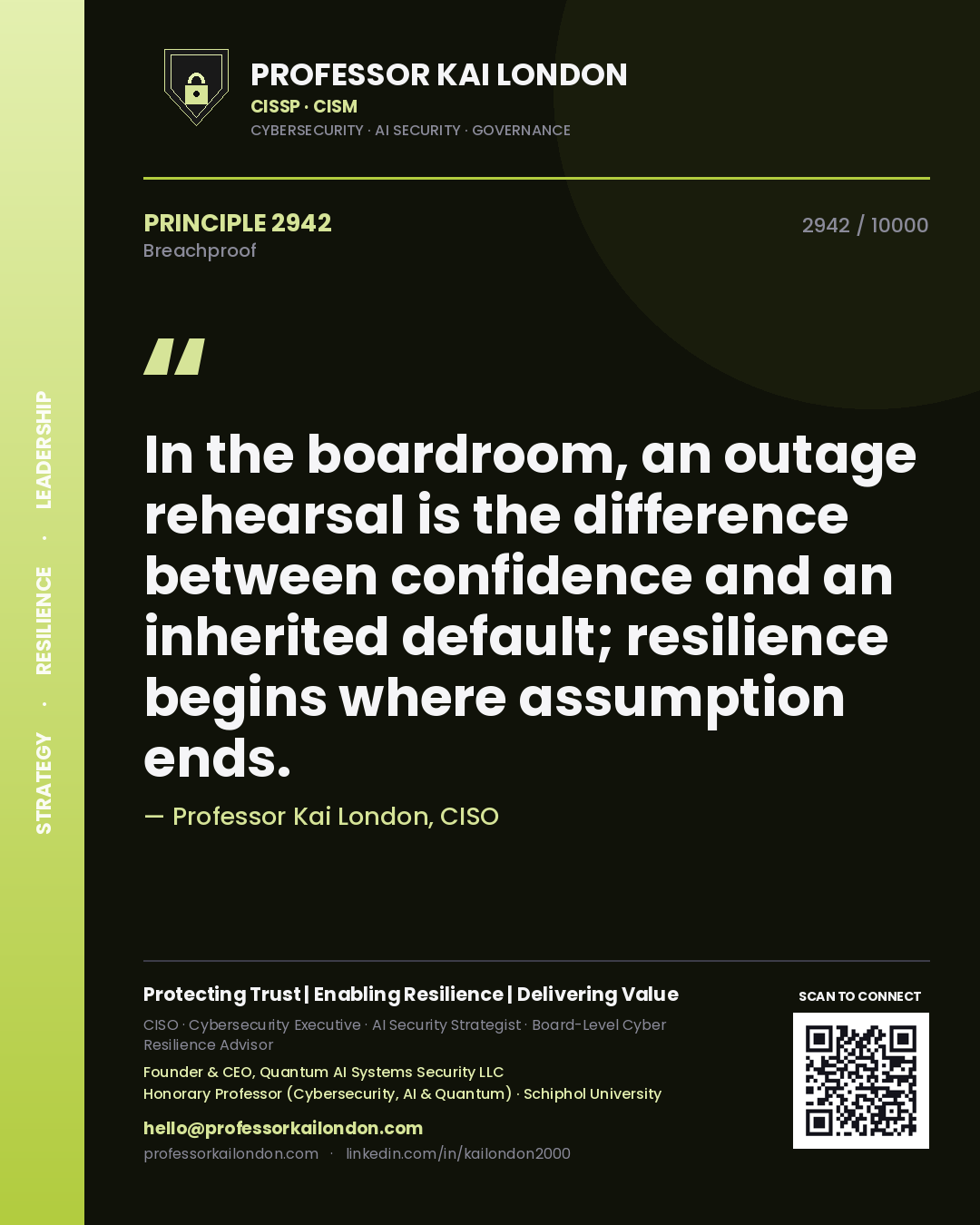 Professor Kai London principle 2942: In the boardroom, an outage rehearsal is the difference between confidence and an inherited default; resilience begins where assumption ends.