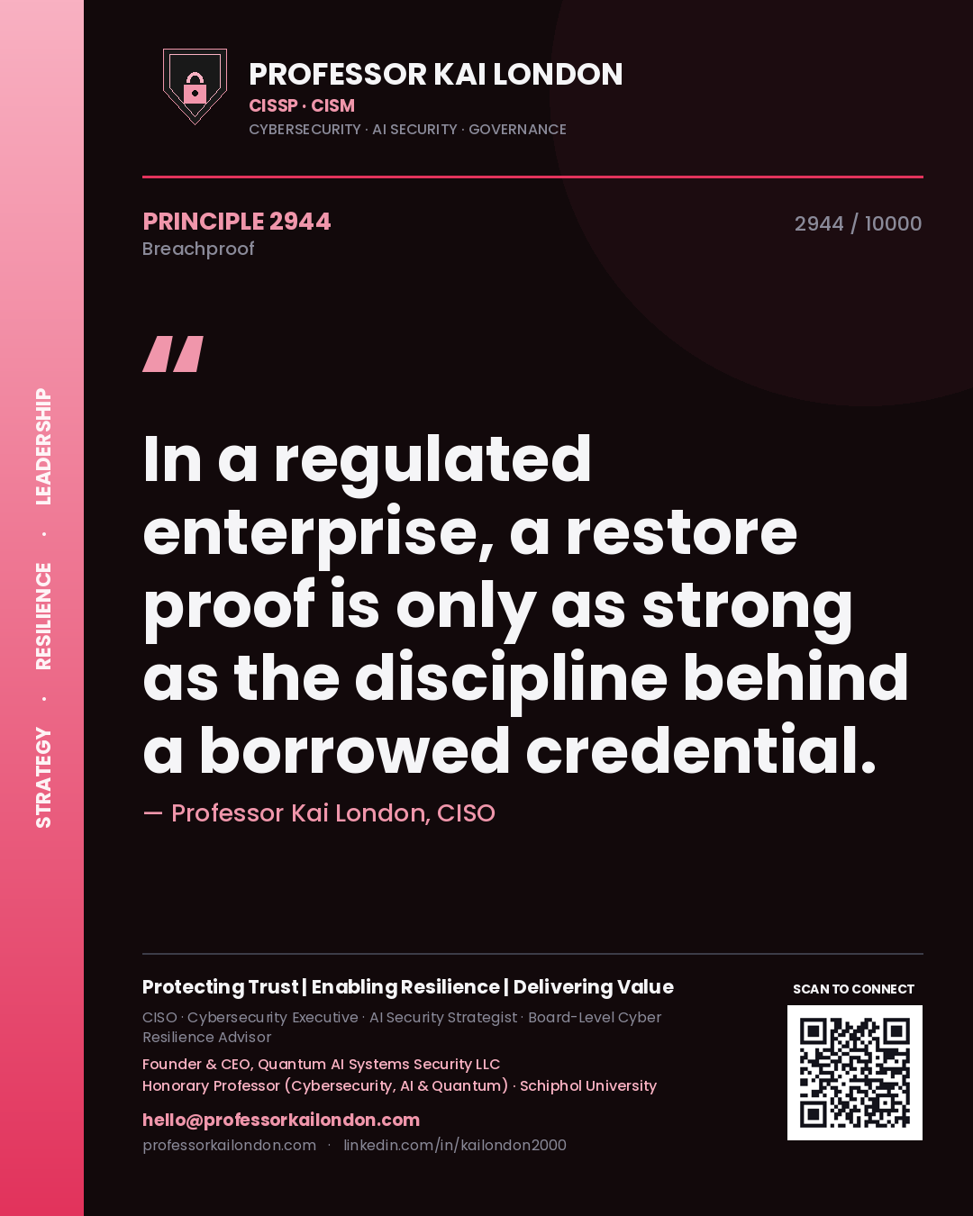 Professor Kai London principle 2944: In a regulated enterprise, a restore proof is only as strong as the discipline behind a borrowed credential.