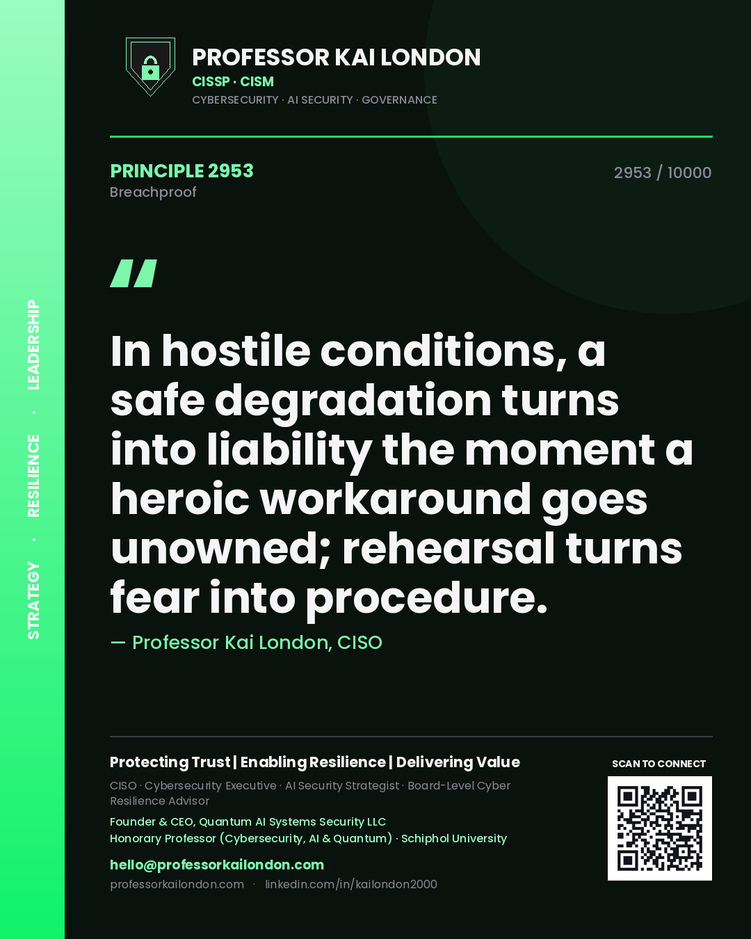 Professor Kai London principle 2953: In hostile conditions, a safe degradation turns into liability the moment a heroic workaround goes unowned; rehearsal turns fear into procedure.