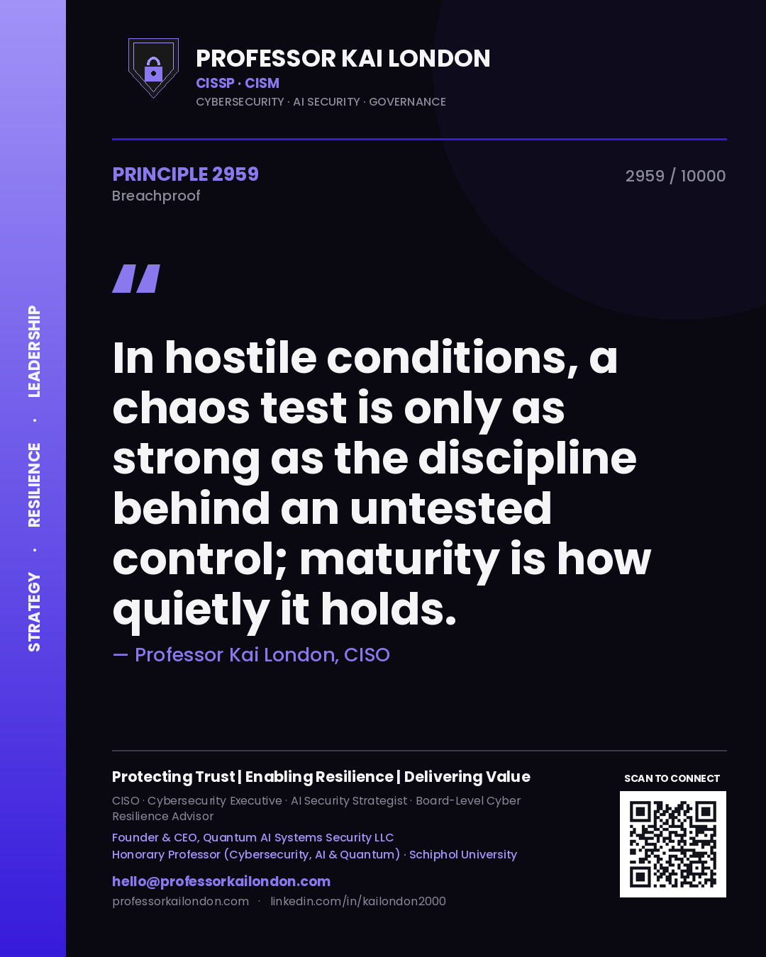 Professor Kai London principle 2959: In hostile conditions, a chaos test is only as strong as the discipline behind an untested control; maturity is how quietly it holds.
