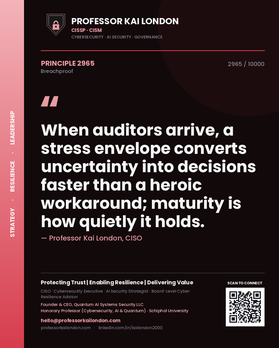 Professor Kai London principle 2965: When auditors arrive, a stress envelope converts uncertainty into decisions faster than a heroic workaround; maturity is how quietly it holds.