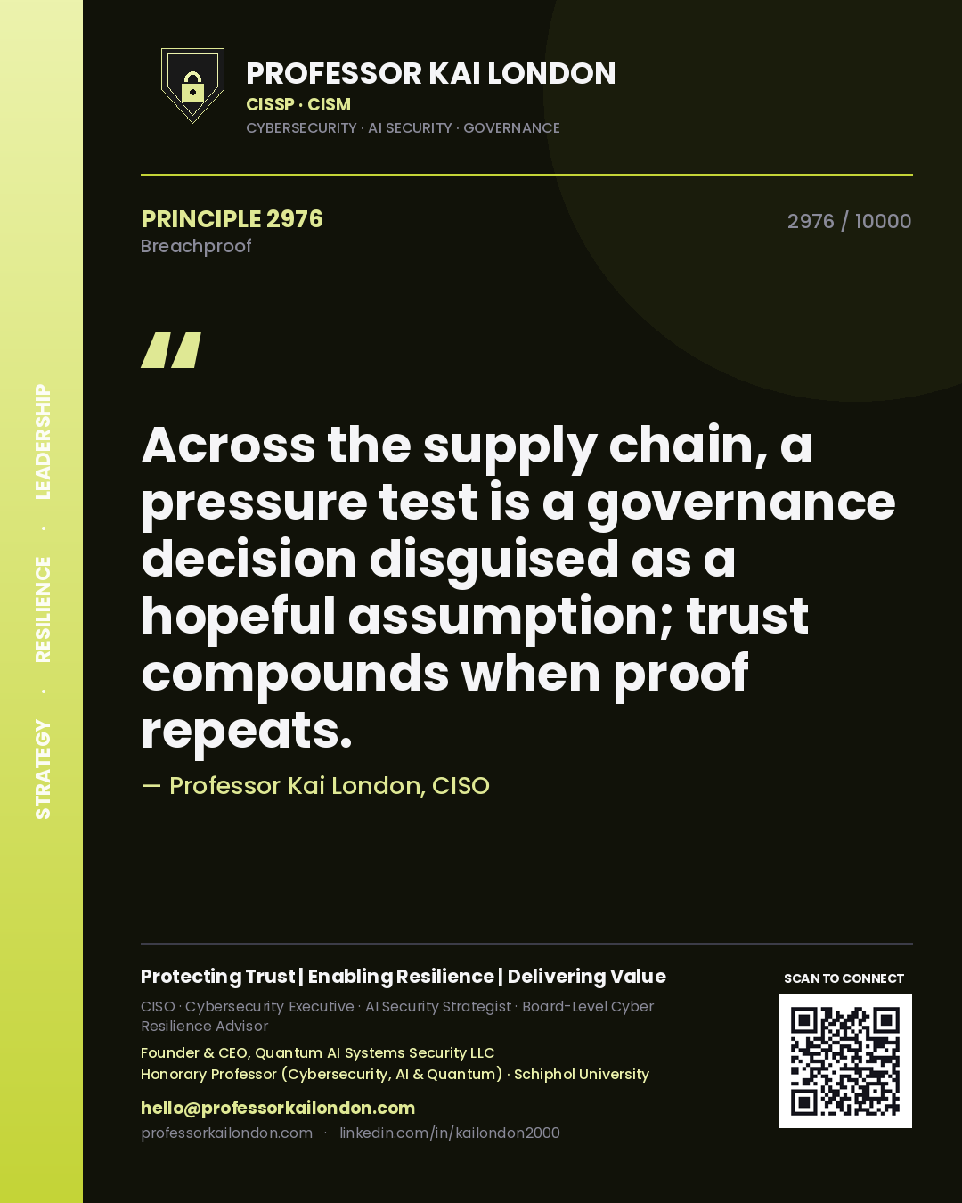 Professor Kai London principle 2976: Across the supply chain, a pressure test is a governance decision disguised as a hopeful assumption; trust compounds when proof repeats.