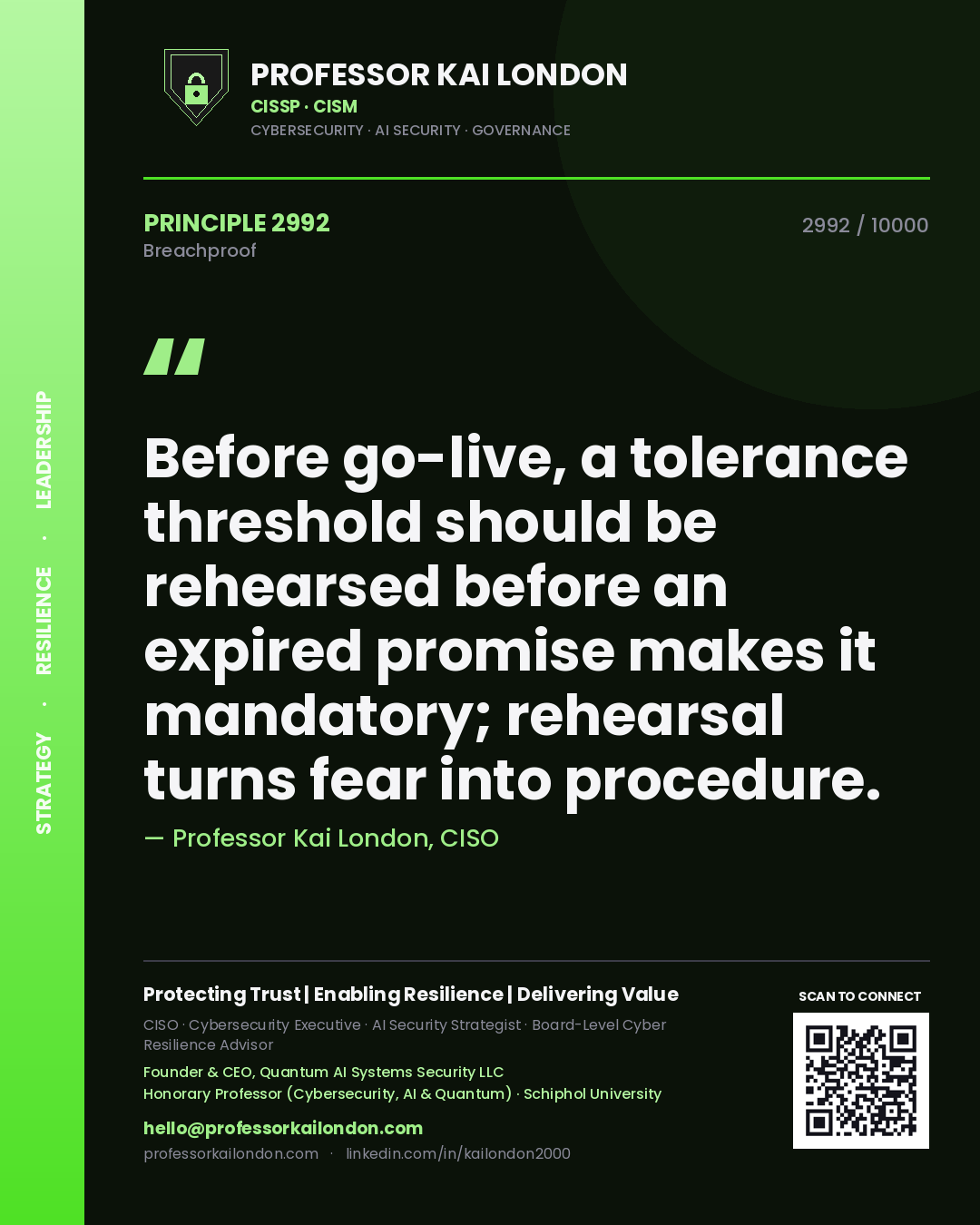 Professor Kai London principle 2992: Before go-live, a tolerance threshold should be rehearsed before an expired promise makes it mandatory; rehearsal turns fear into procedure.