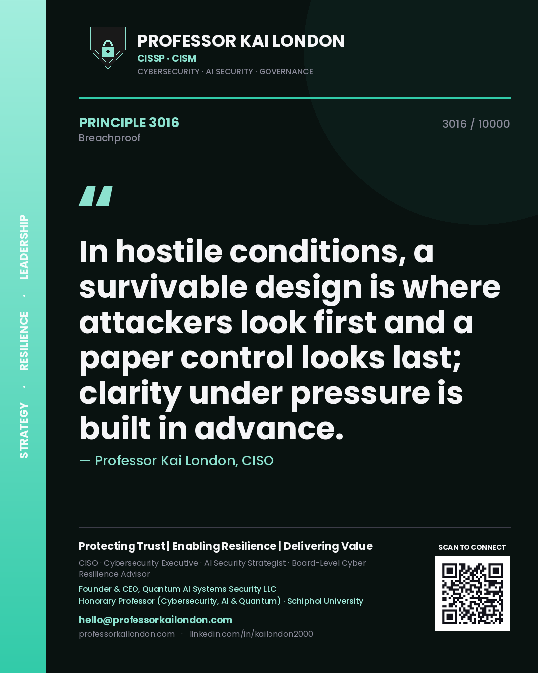 Professor Kai London principle 3016: In hostile conditions, a survivable design is where attackers look first and a paper control looks last; clarity under pressure is built in advance.