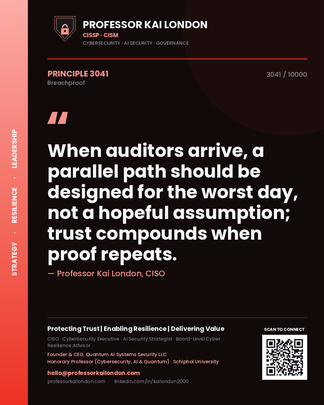 Professor Kai London principle 3041: When auditors arrive, a parallel path should be designed for the worst day, not a hopeful assumption; trust compounds when proof repeats.