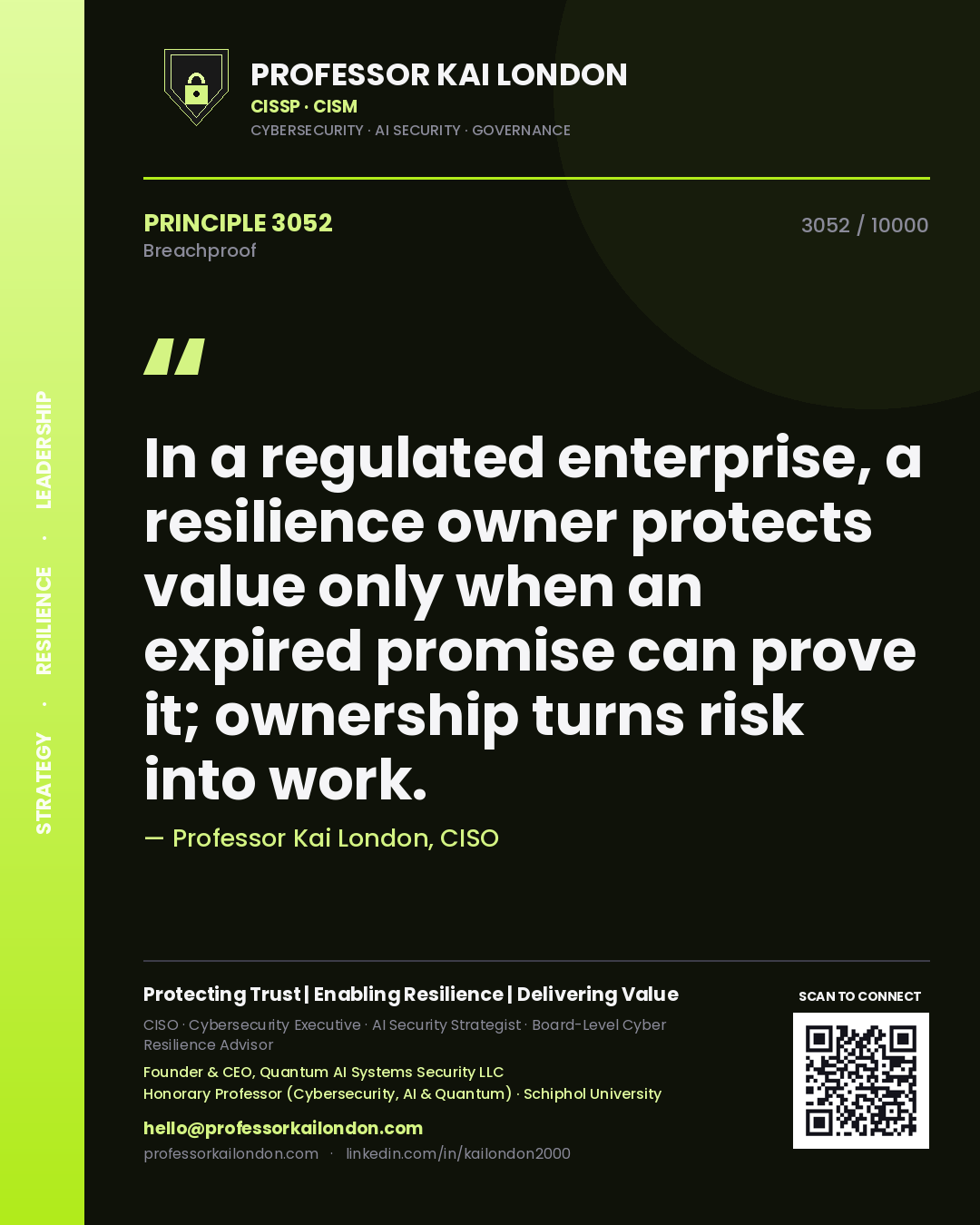 Professor Kai London principle 3052: In a regulated enterprise, a resilience owner protects value only when an expired promise can prove it; ownership turns risk into work.