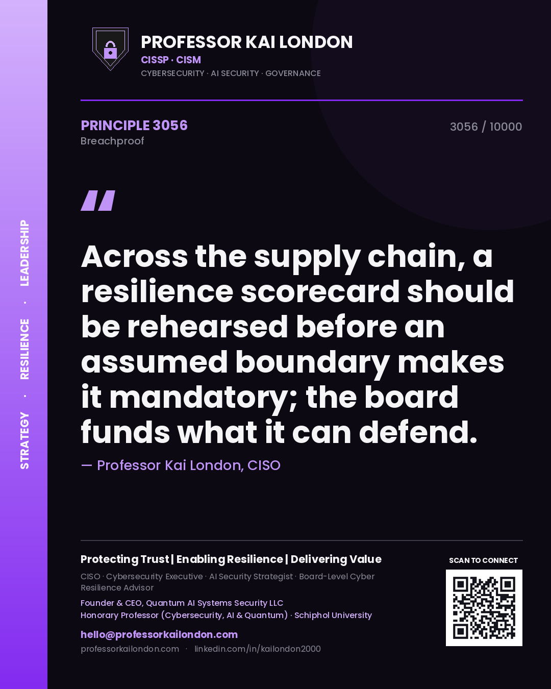 Professor Kai London principle 3056: Across the supply chain, a resilience scorecard should be rehearsed before an assumed boundary makes it mandatory; the board funds what it can defend.