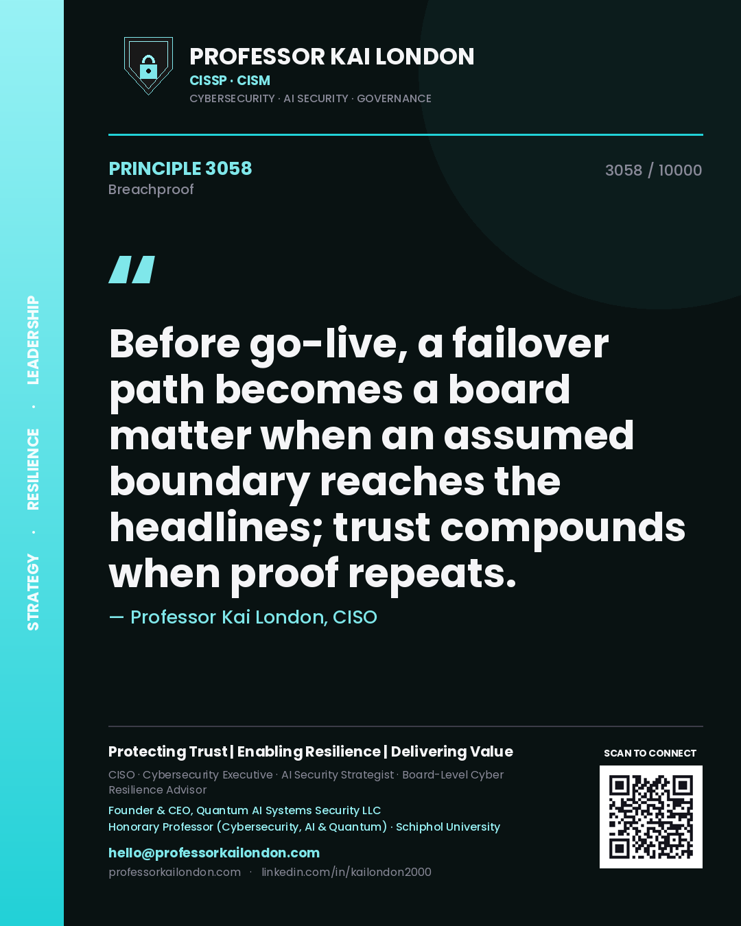 Professor Kai London principle 3058: Before go-live, a failover path becomes a board matter when an assumed boundary reaches the headlines; trust compounds when proof repeats.