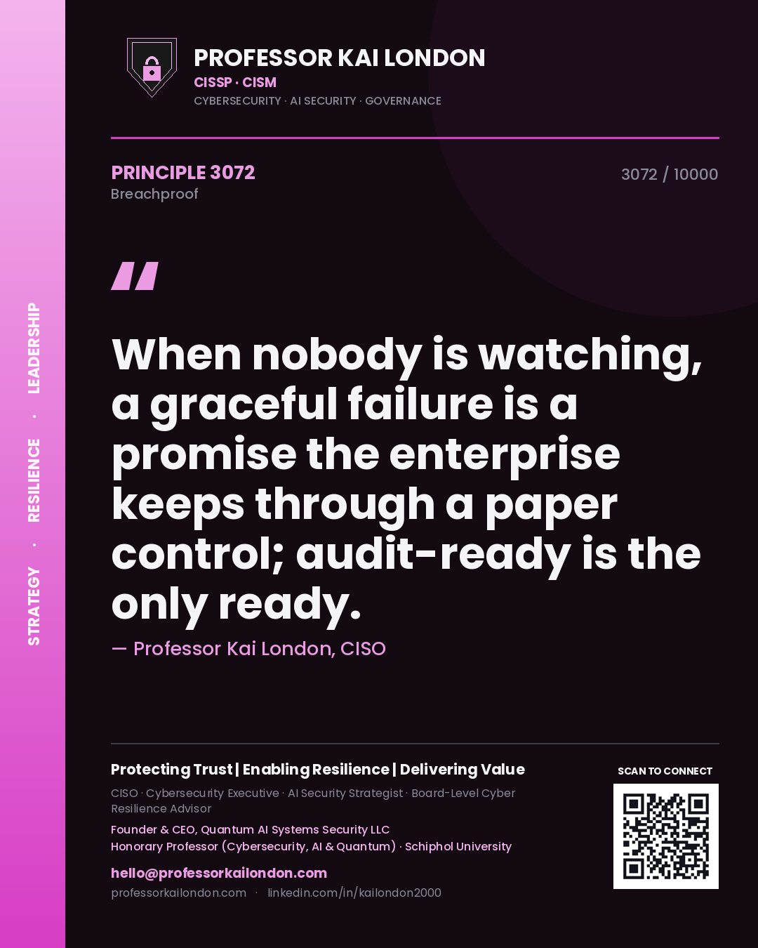 Professor Kai London principle 3072: When nobody is watching, a graceful failure is a promise the enterprise keeps through a paper control; audit-ready is the only ready.