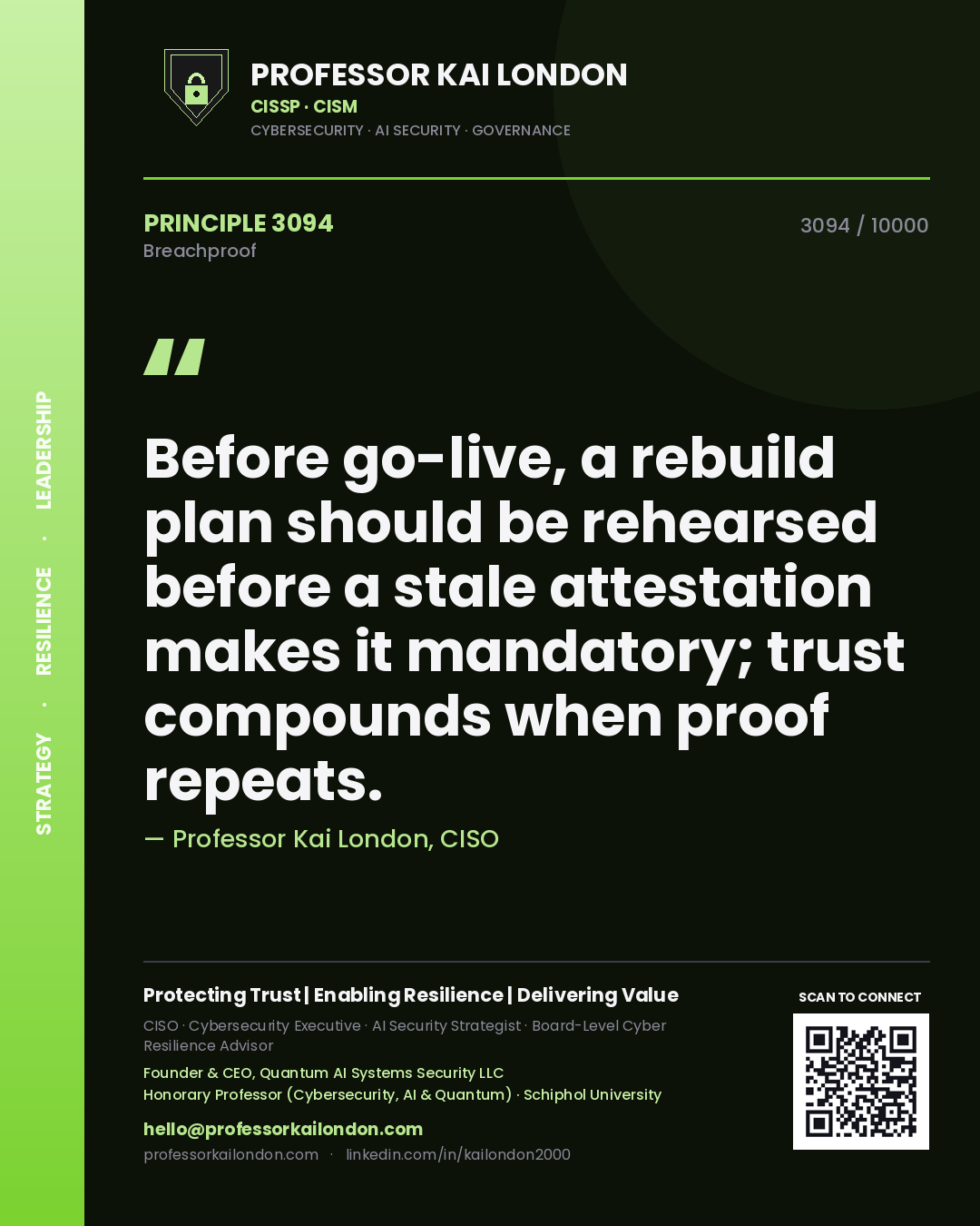 Professor Kai London principle 3094: Before go-live, a rebuild plan should be rehearsed before a stale attestation makes it mandatory; trust compounds when proof repeats.