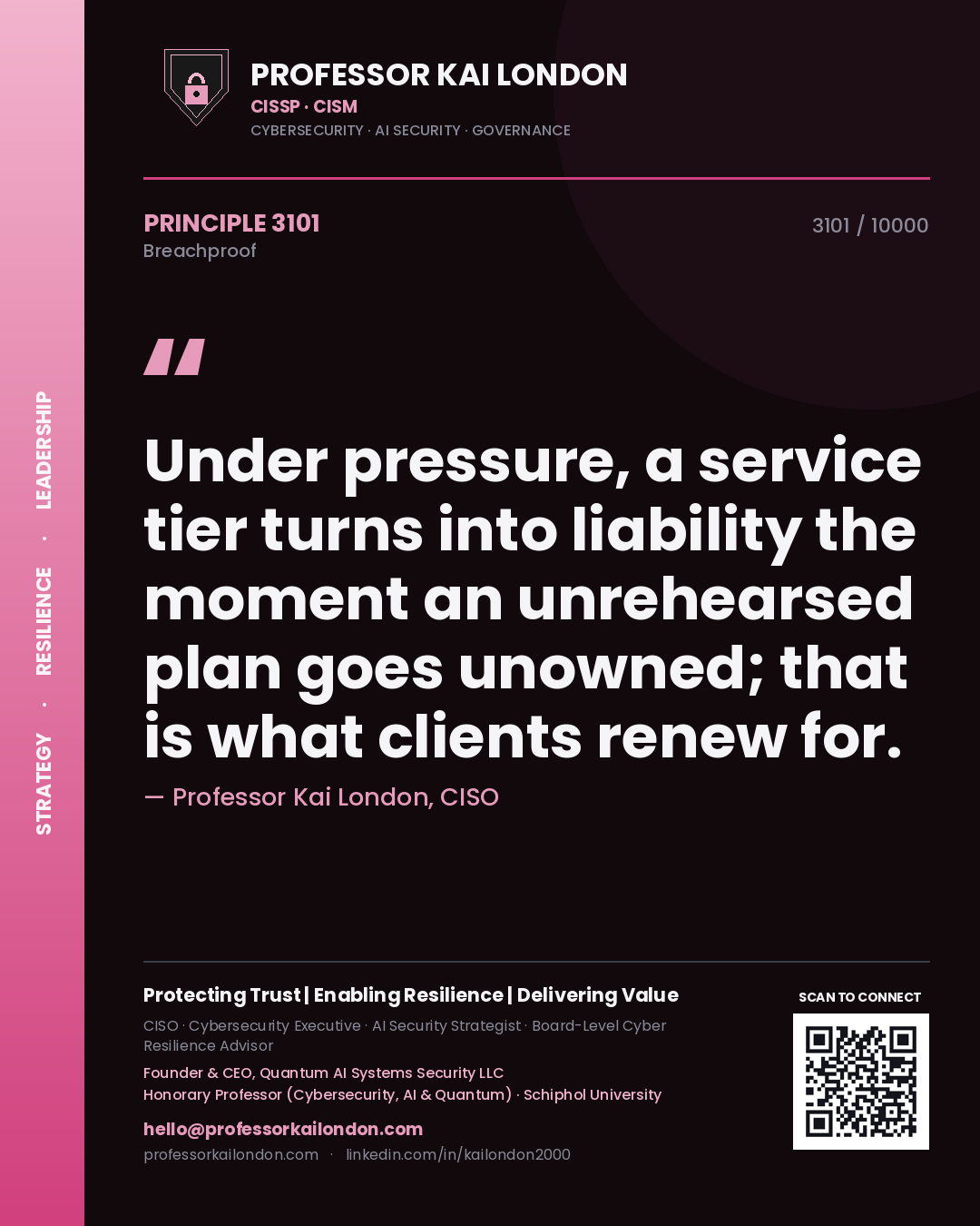 Professor Kai London principle 3101: Under pressure, a service tier turns into liability the moment an unrehearsed plan goes unowned; that is what clients renew for.