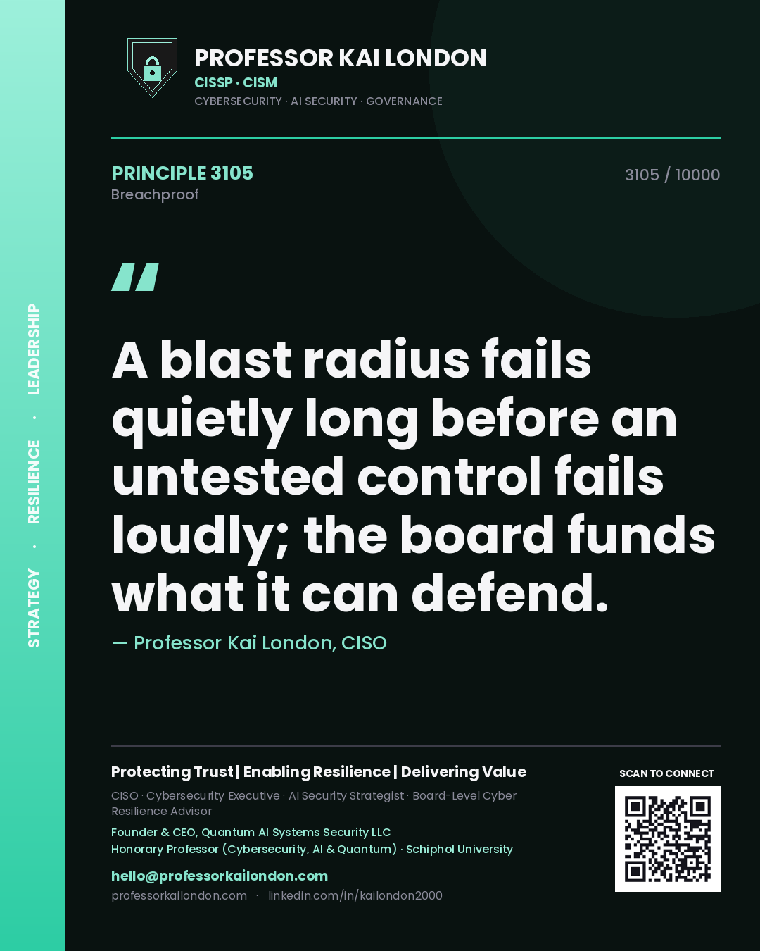 Professor Kai London principle 3105: A blast radius fails quietly long before an untested control fails loudly; the board funds what it can defend.