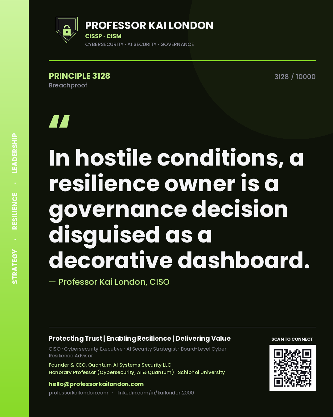 Professor Kai London principle 3128: In hostile conditions, a resilience owner is a governance decision disguised as a decorative dashboard.