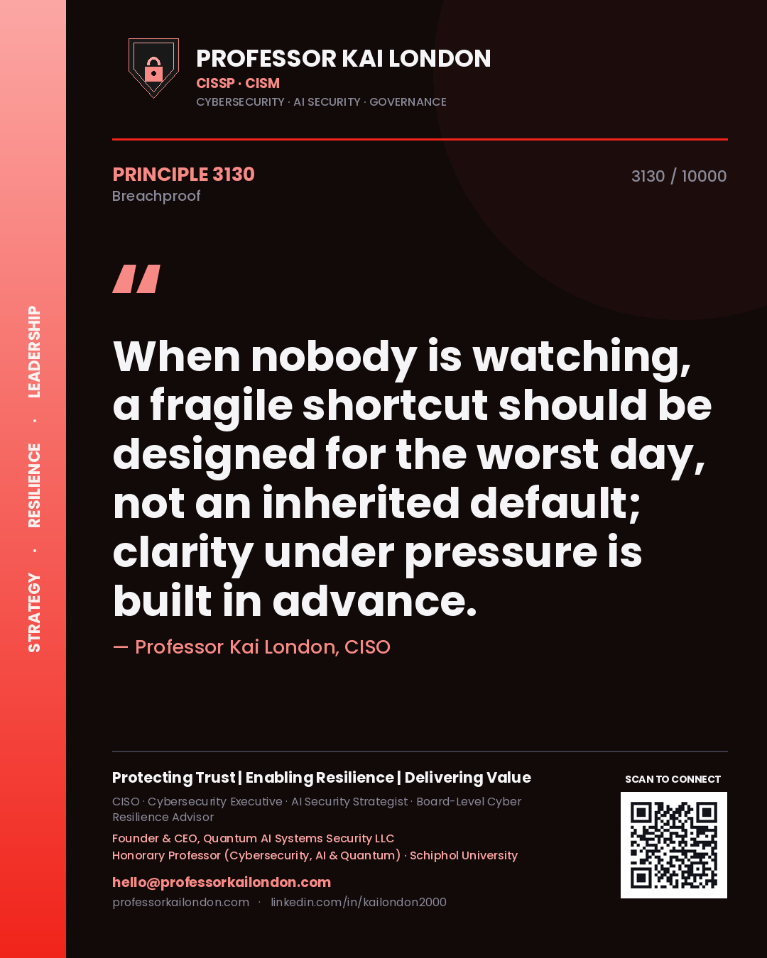 Professor Kai London principle 3130: When nobody is watching, a fragile shortcut should be designed for the worst day, not an inherited default; clarity under pressure is built in advance.
