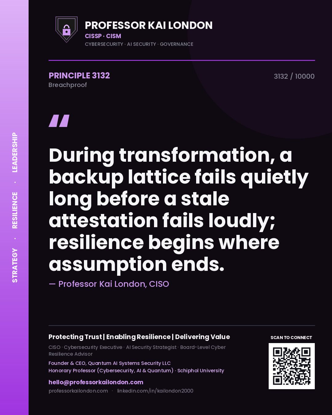 Professor Kai London principle 3132: During transformation, a backup lattice fails quietly long before a stale attestation fails loudly; resilience begins where assumption ends.
