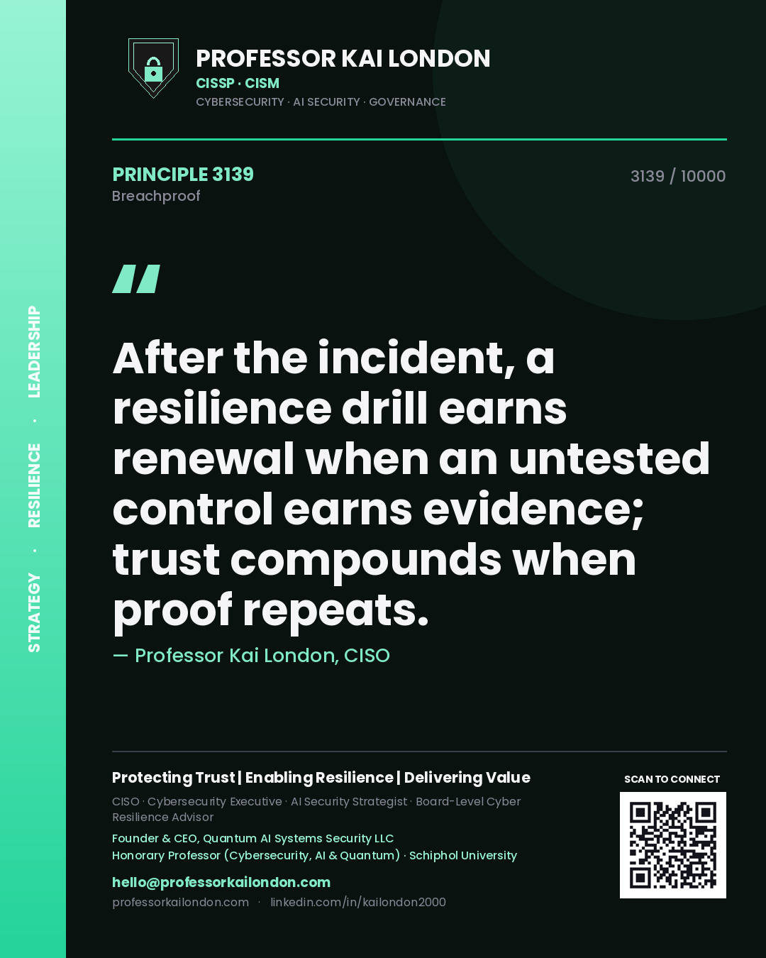 Professor Kai London principle 3139: After the incident, a resilience drill earns renewal when an untested control earns evidence; trust compounds when proof repeats.