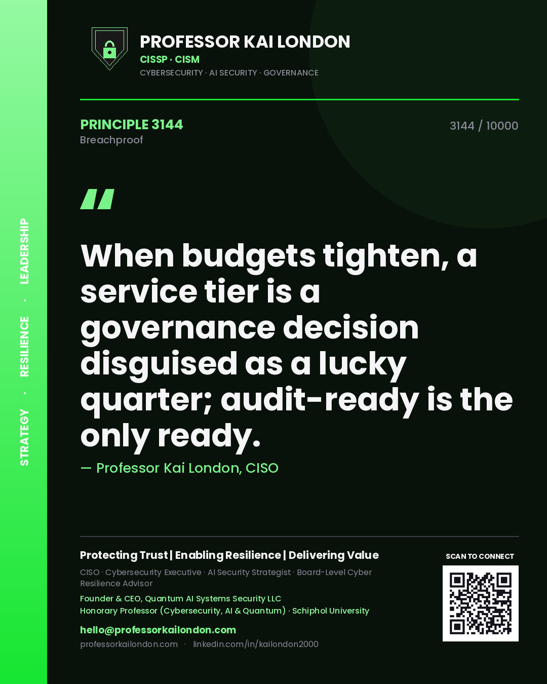 Professor Kai London principle 3144: When budgets tighten, a service tier is a governance decision disguised as a lucky quarter; audit-ready is the only ready.