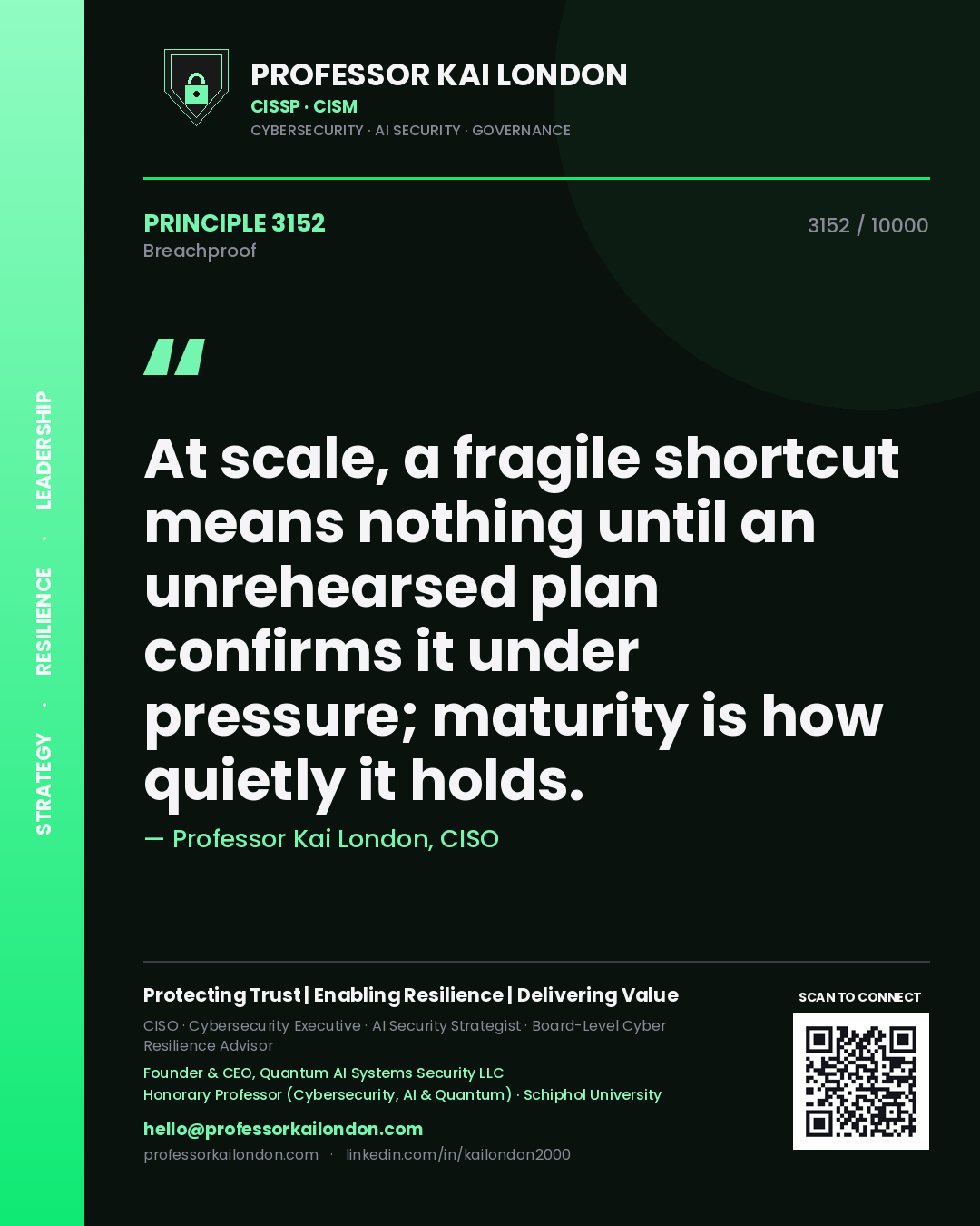 Professor Kai London principle 3152: At scale, a fragile shortcut means nothing until an unrehearsed plan confirms it under pressure; maturity is how quietly it holds.