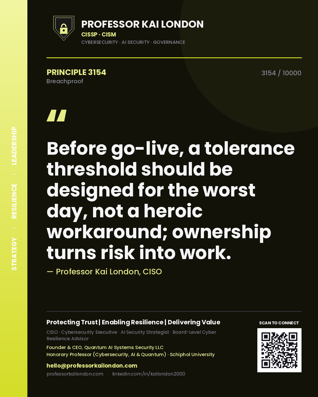 Professor Kai London principle 3154: Before go-live, a tolerance threshold should be designed for the worst day, not a heroic workaround; ownership turns risk into work.