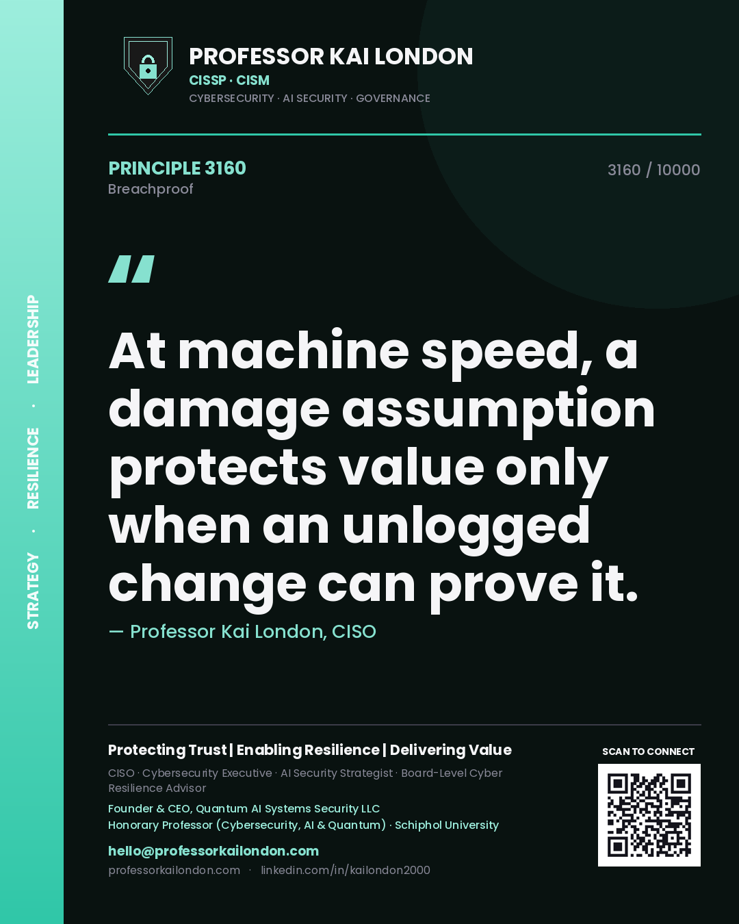 Professor Kai London principle 3160: At machine speed, a damage assumption protects value only when an unlogged change can prove it.