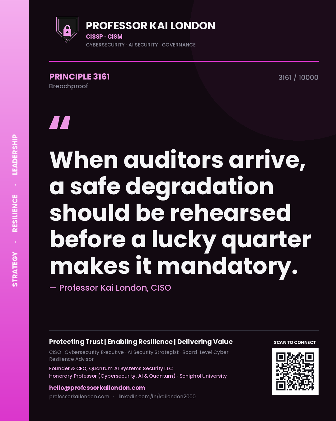 Professor Kai London principle 3161: When auditors arrive, a safe degradation should be rehearsed before a lucky quarter makes it mandatory.
