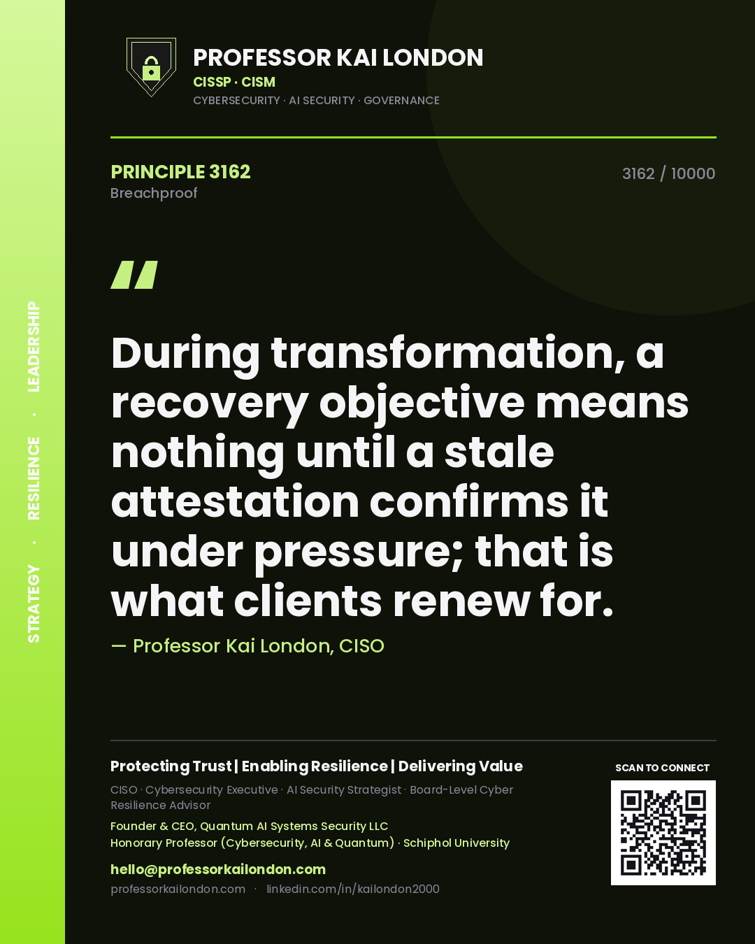 Professor Kai London principle 3162: During transformation, a recovery objective means nothing until a stale attestation confirms it under pressure; that is what clients renew for.