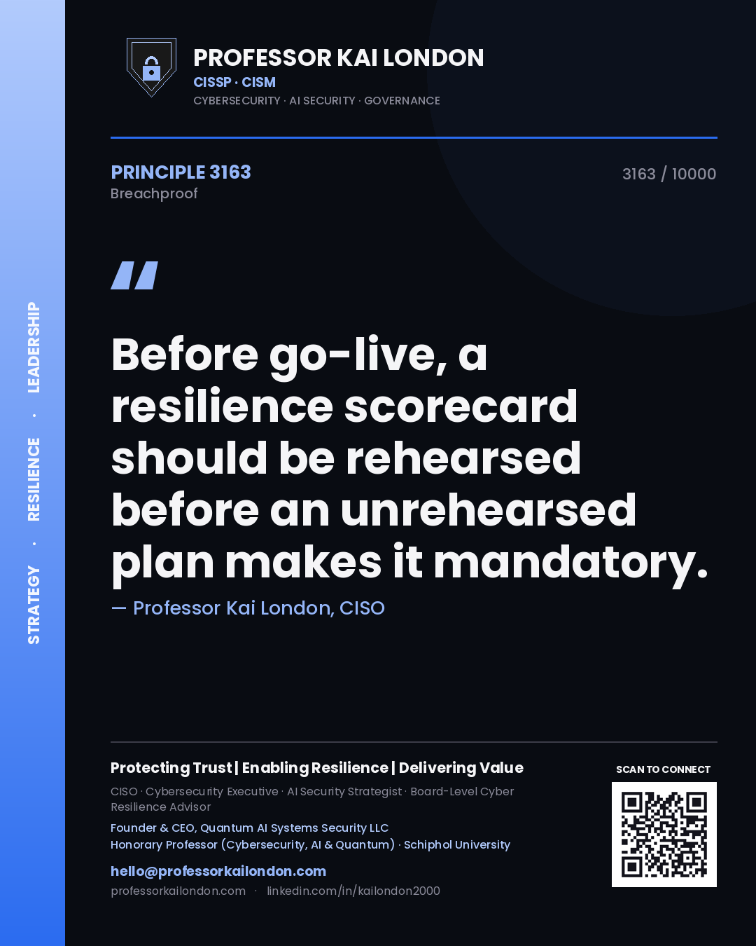 Professor Kai London principle 3163: Before go-live, a resilience scorecard should be rehearsed before an unrehearsed plan makes it mandatory.