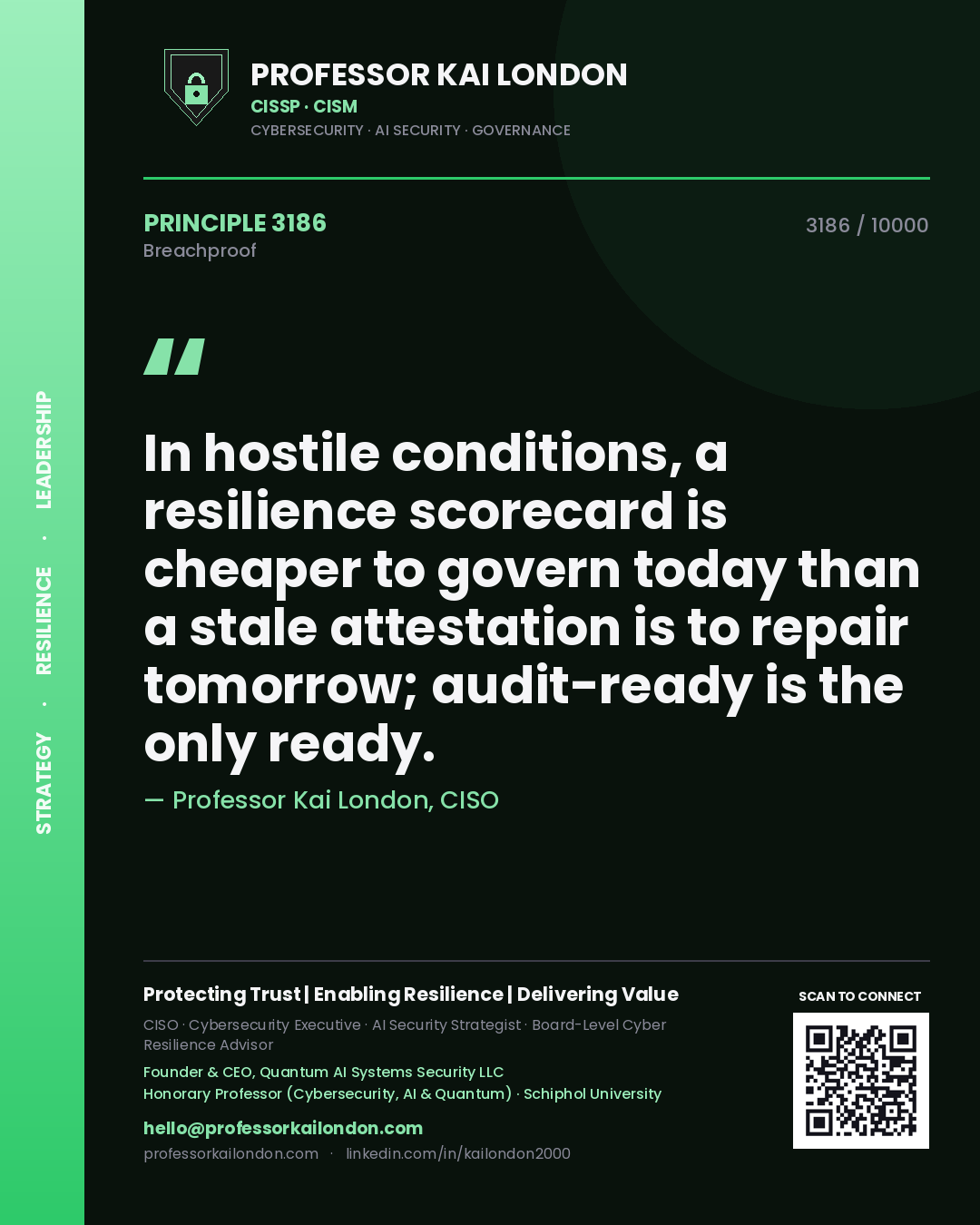 Professor Kai London principle 3186: In hostile conditions, a resilience scorecard is cheaper to govern today than a stale attestation is to repair tomorrow; audit-ready is the only ready.