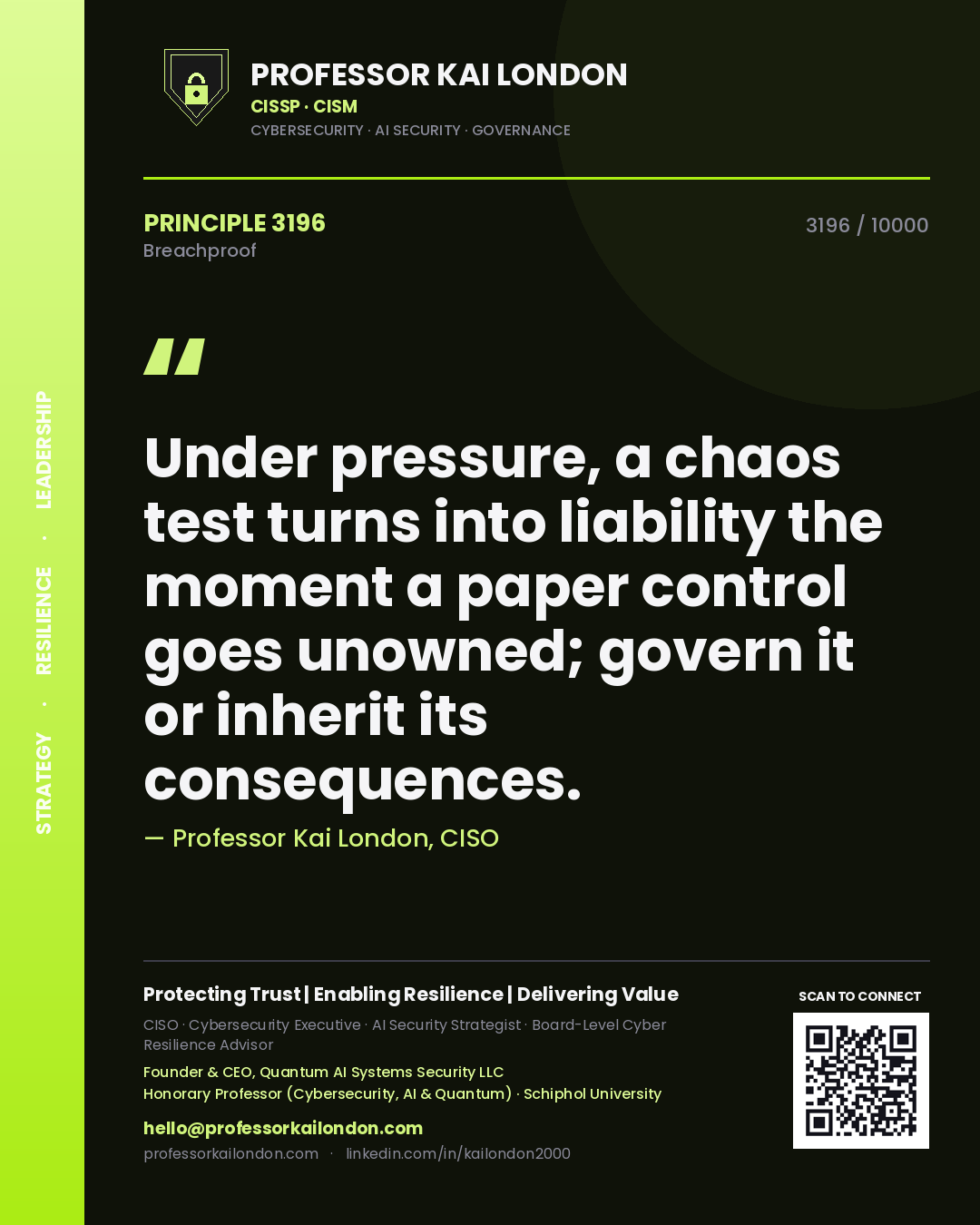 Professor Kai London principle 3196: Under pressure, a chaos test turns into liability the moment a paper control goes unowned; govern it or inherit its consequences.
