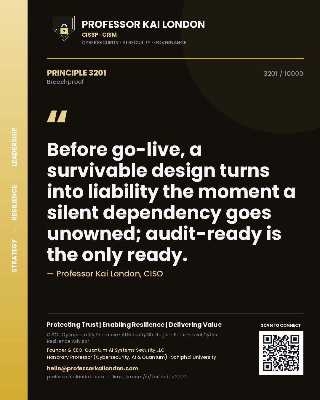 Professor Kai London principle 3201: Before go-live, a survivable design turns into liability the moment a silent dependency goes unowned; audit-ready is the only ready.