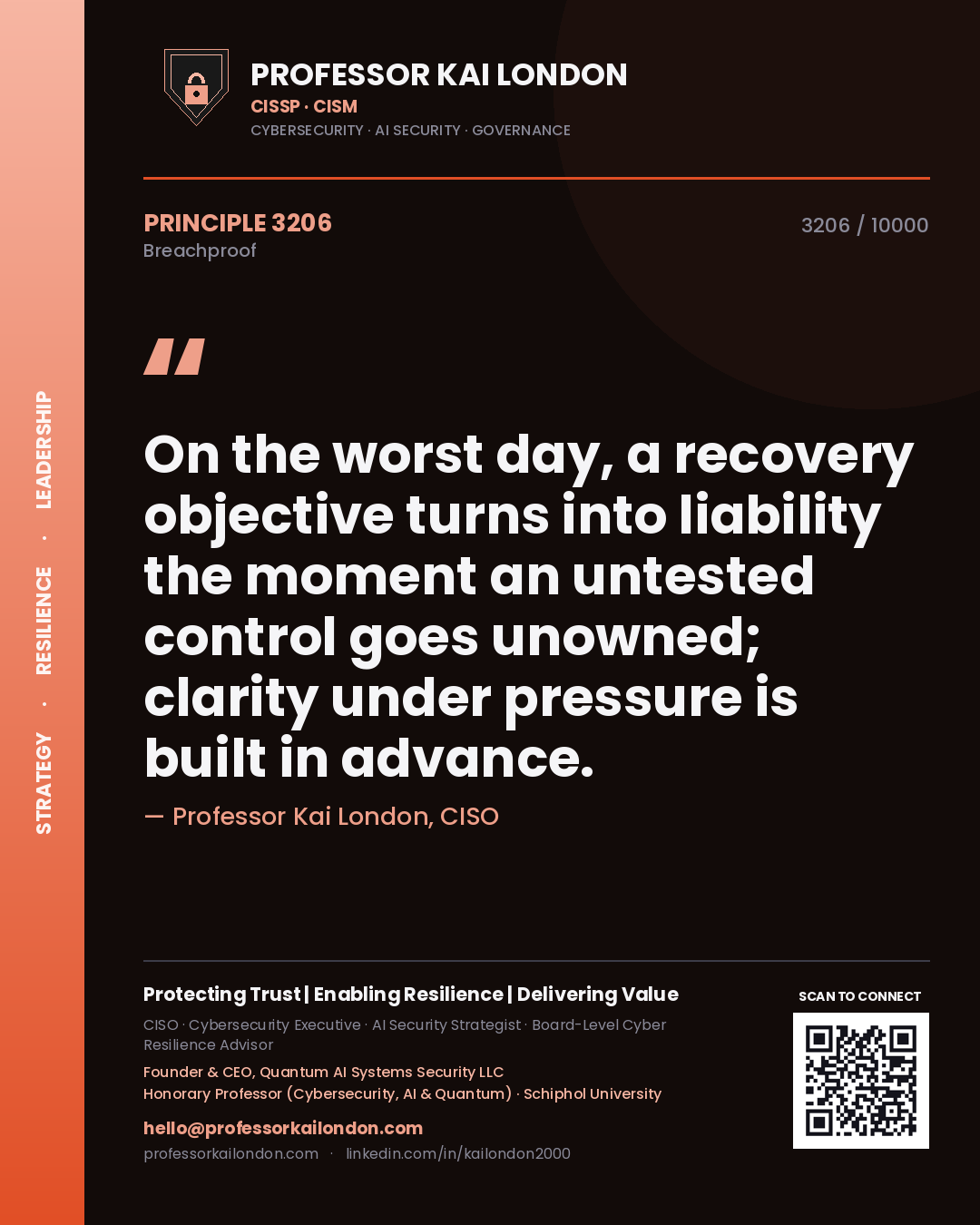 Professor Kai London principle 3206: On the worst day, a recovery objective turns into liability the moment an untested control goes unowned; clarity under pressure is built in advance.
