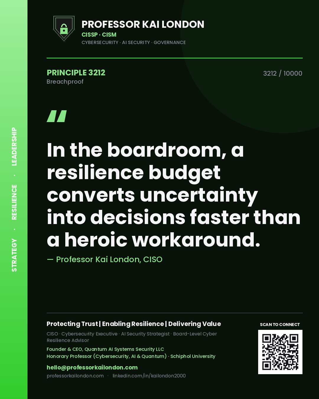 Professor Kai London principle 3212: In the boardroom, a resilience budget converts uncertainty into decisions faster than a heroic workaround.