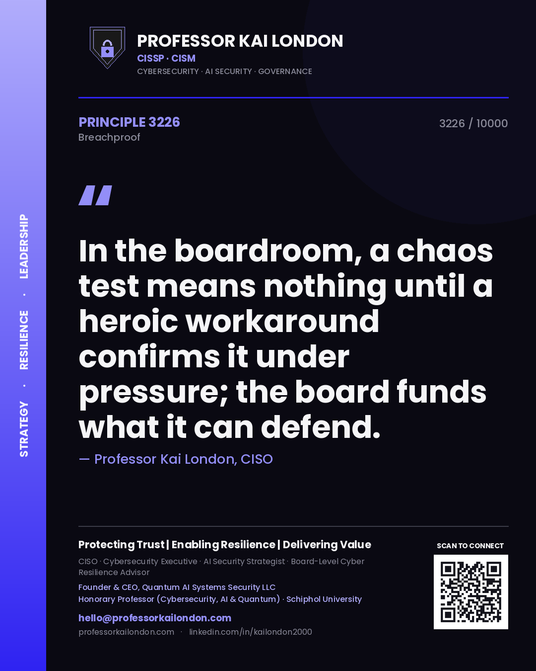 Professor Kai London principle 3226: In the boardroom, a chaos test means nothing until a heroic workaround confirms it under pressure; the board funds what it can defend.