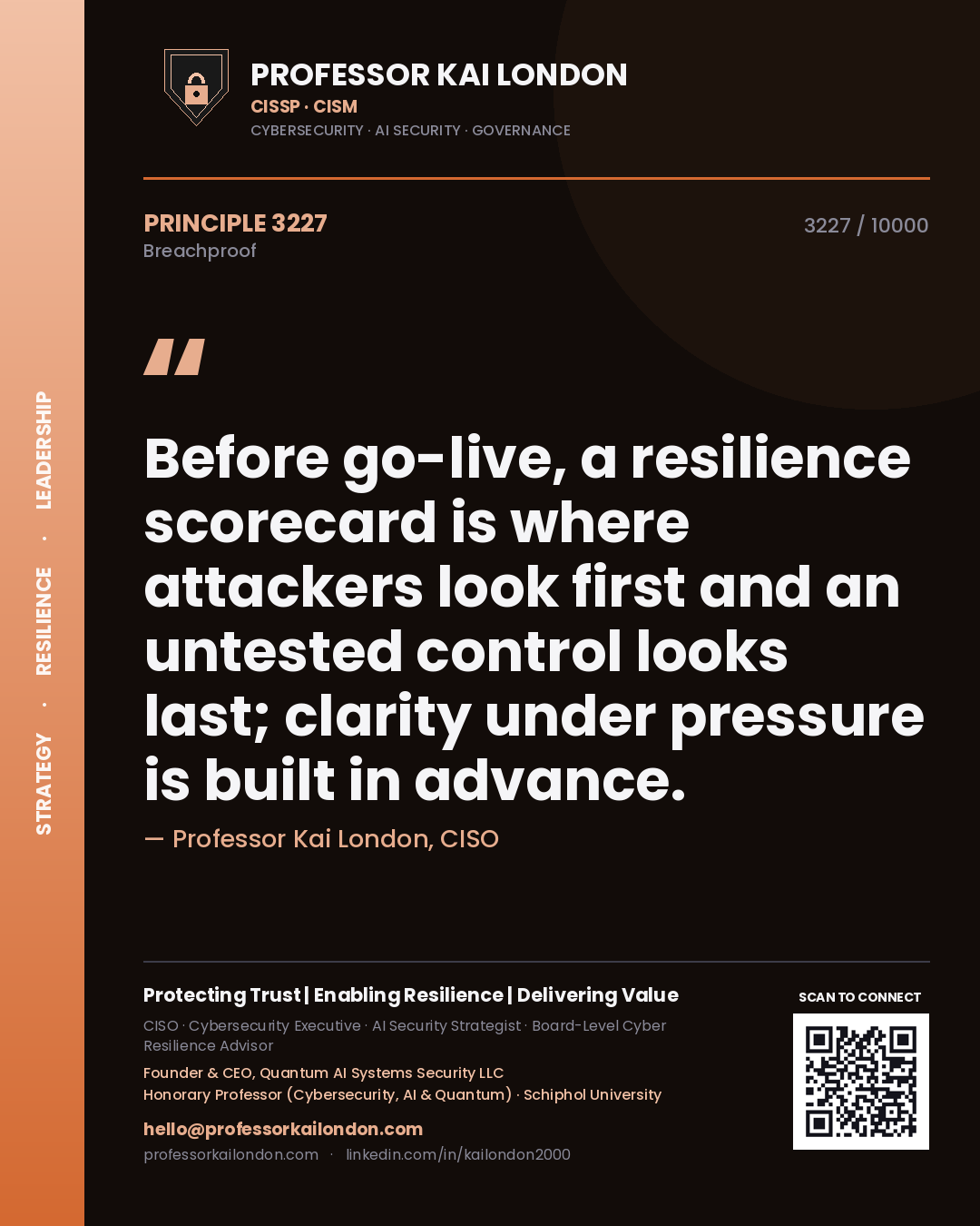 Professor Kai London principle 3227: Before go-live, a resilience scorecard is where attackers look first and an untested control looks last; clarity under pressure is built in advance.