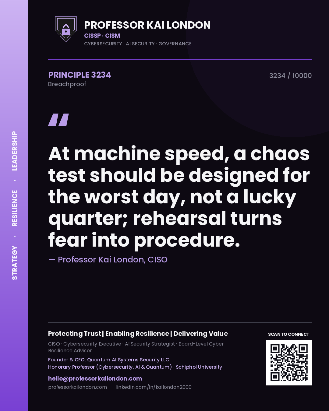 Professor Kai London principle 3234: At machine speed, a chaos test should be designed for the worst day, not a lucky quarter; rehearsal turns fear into procedure.
