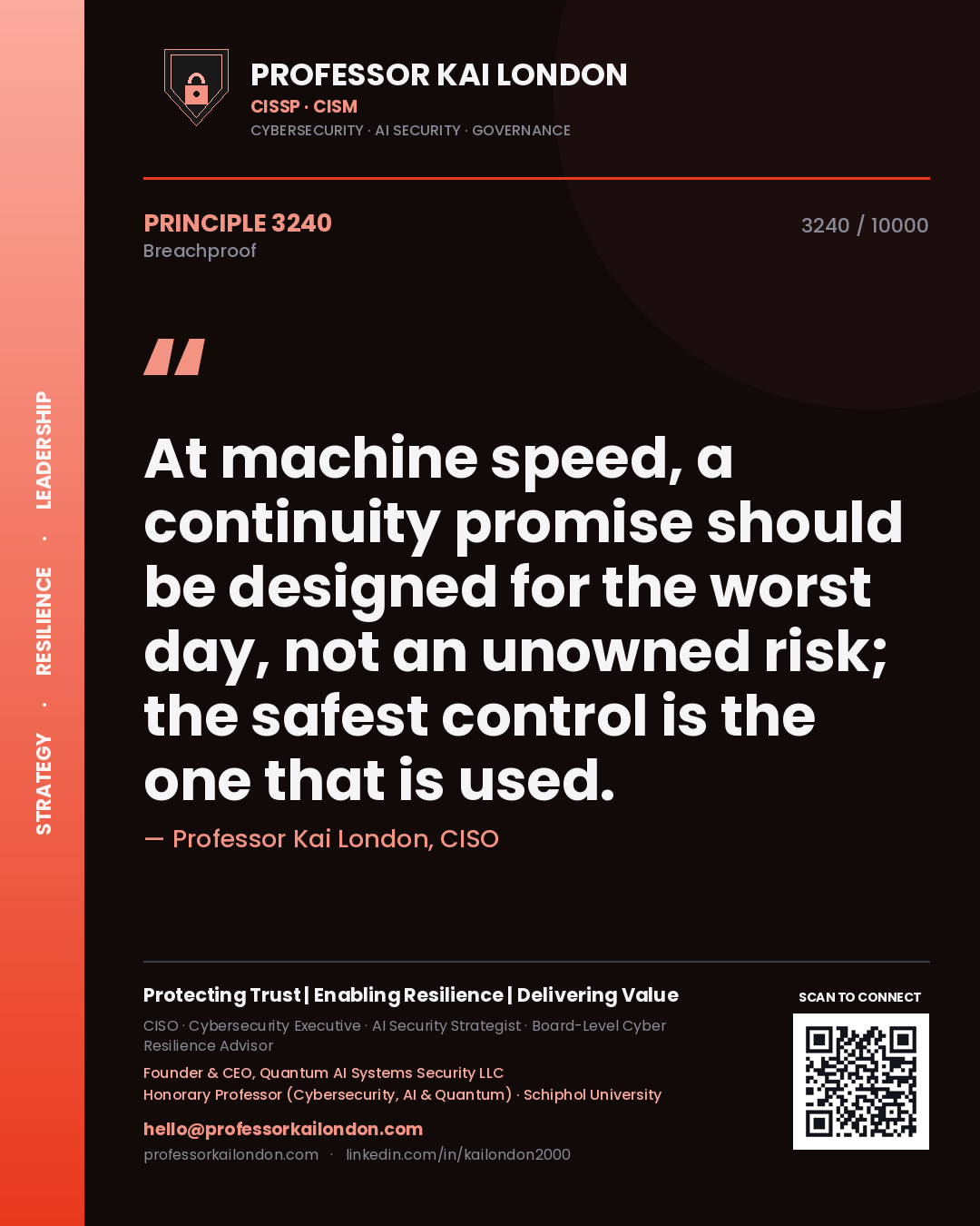 Professor Kai London principle 3240: At machine speed, a continuity promise should be designed for the worst day, not an unowned risk; the safest control is the one that is used.