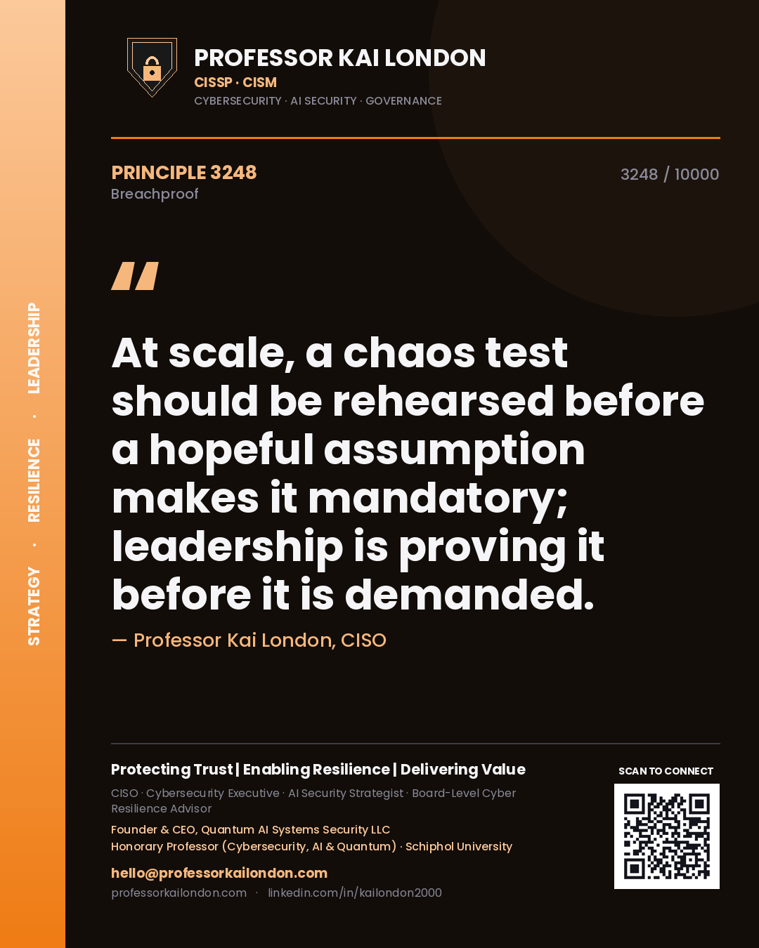 Professor Kai London principle 3248: At scale, a chaos test should be rehearsed before a hopeful assumption makes it mandatory; leadership is proving it before it is demanded.