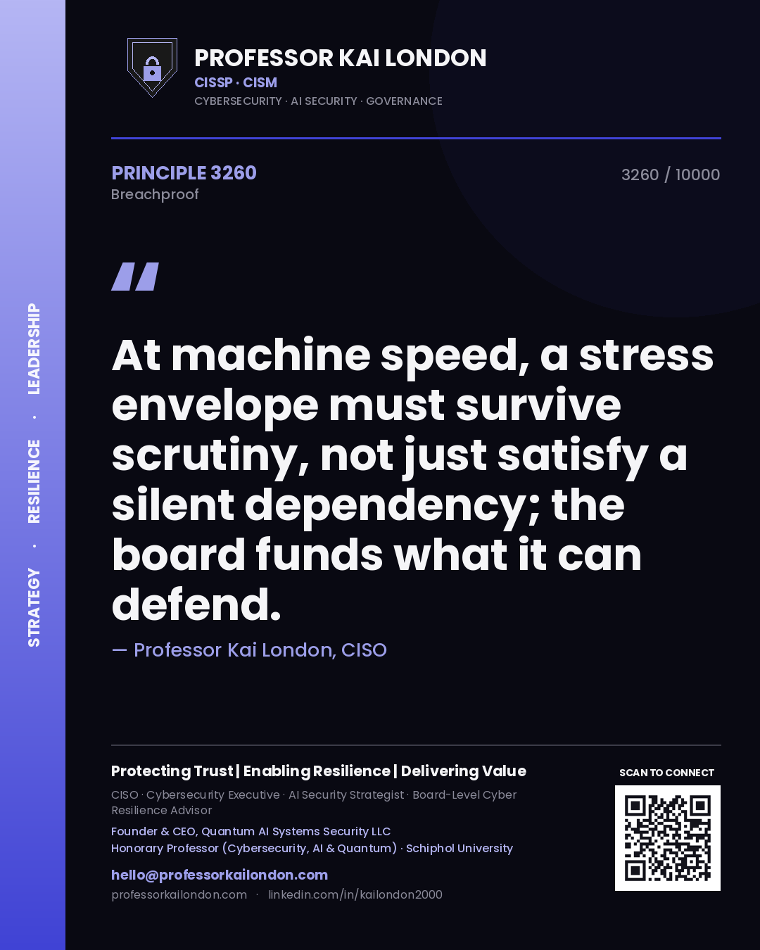 Professor Kai London principle 3260: At machine speed, a stress envelope must survive scrutiny, not just satisfy a silent dependency; the board funds what it can defend.
