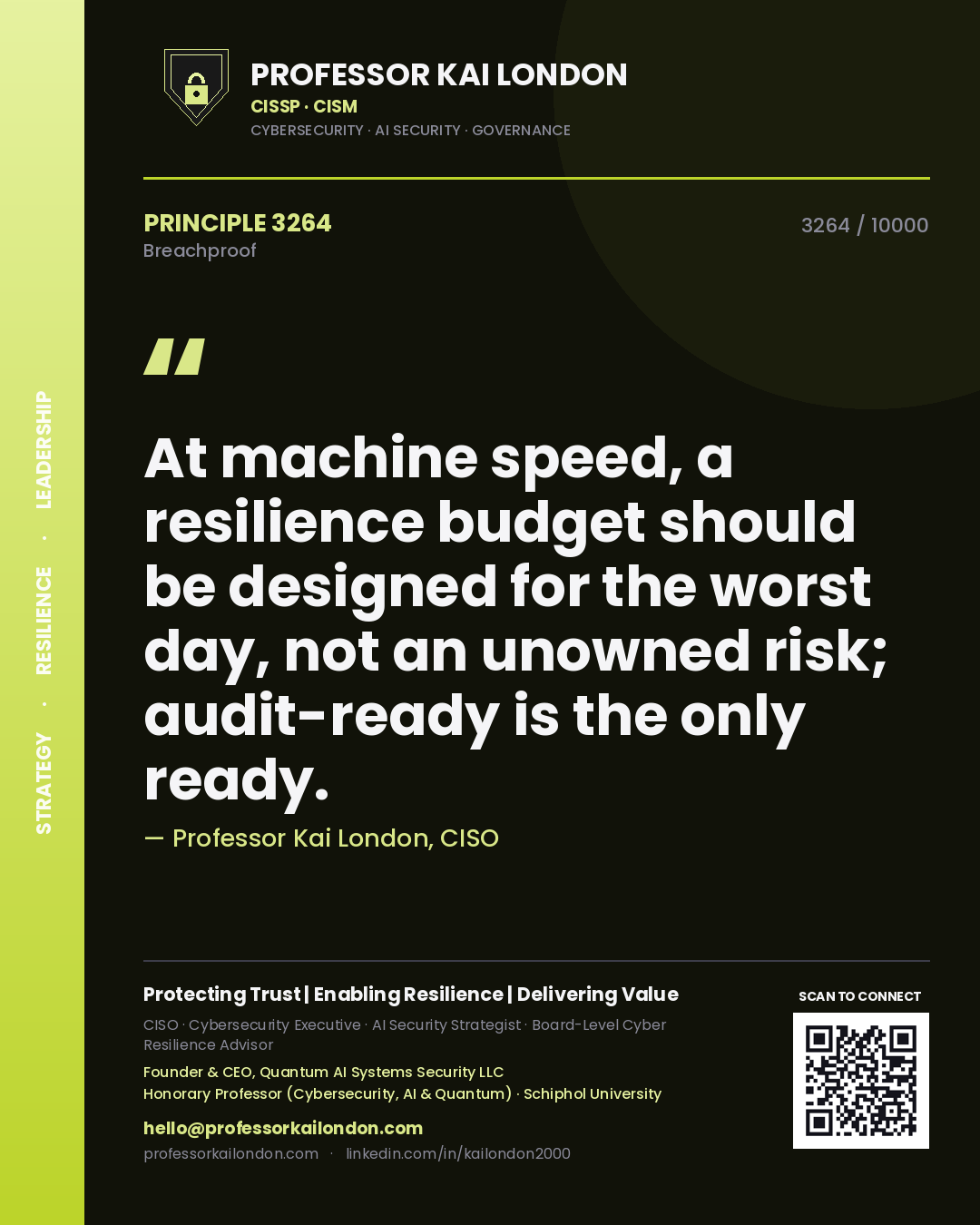 Professor Kai London principle 3264: At machine speed, a resilience budget should be designed for the worst day, not an unowned risk; audit-ready is the only ready.
