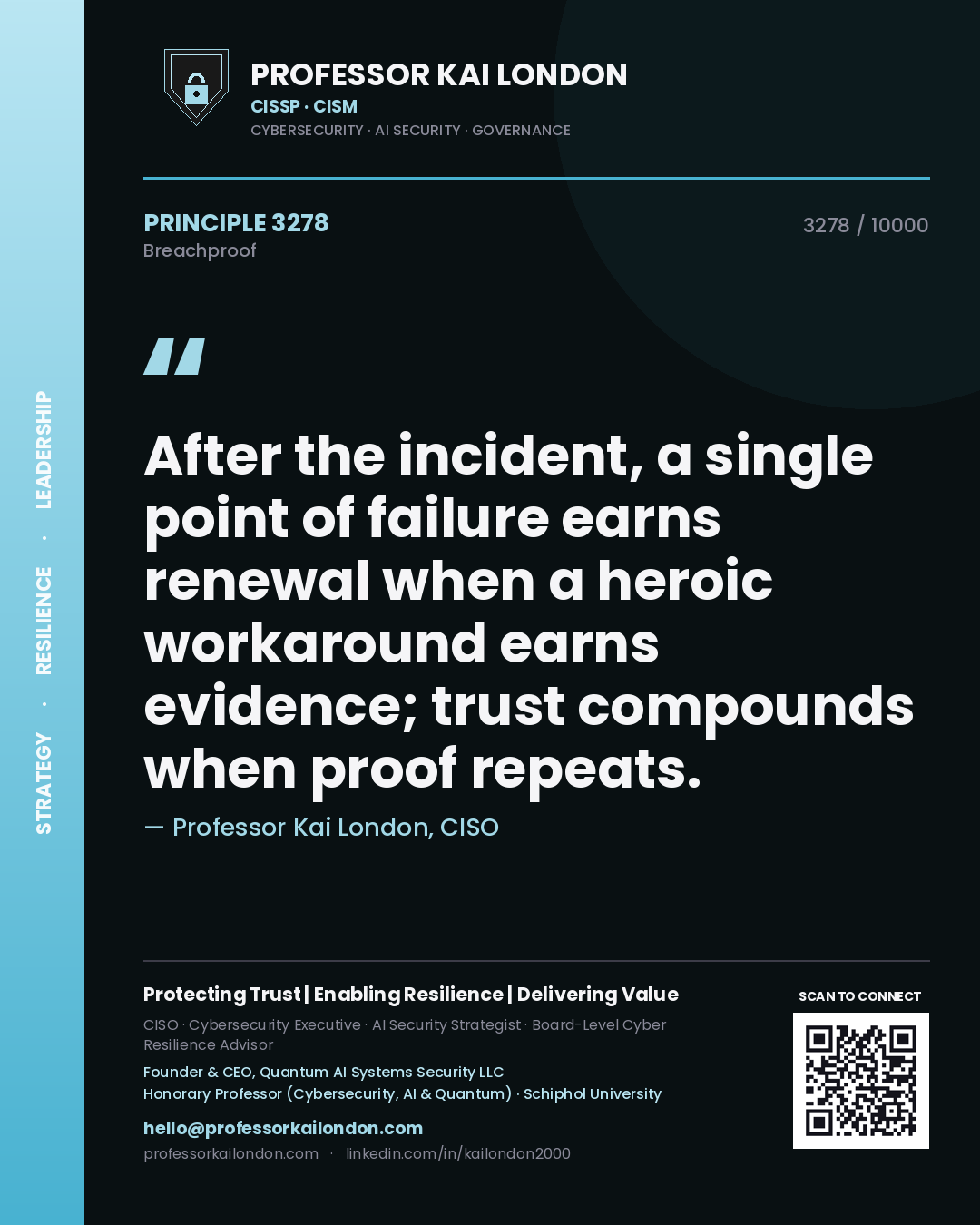 Professor Kai London principle 3278: After the incident, a single point of failure earns renewal when a heroic workaround earns evidence; trust compounds when proof repeats.