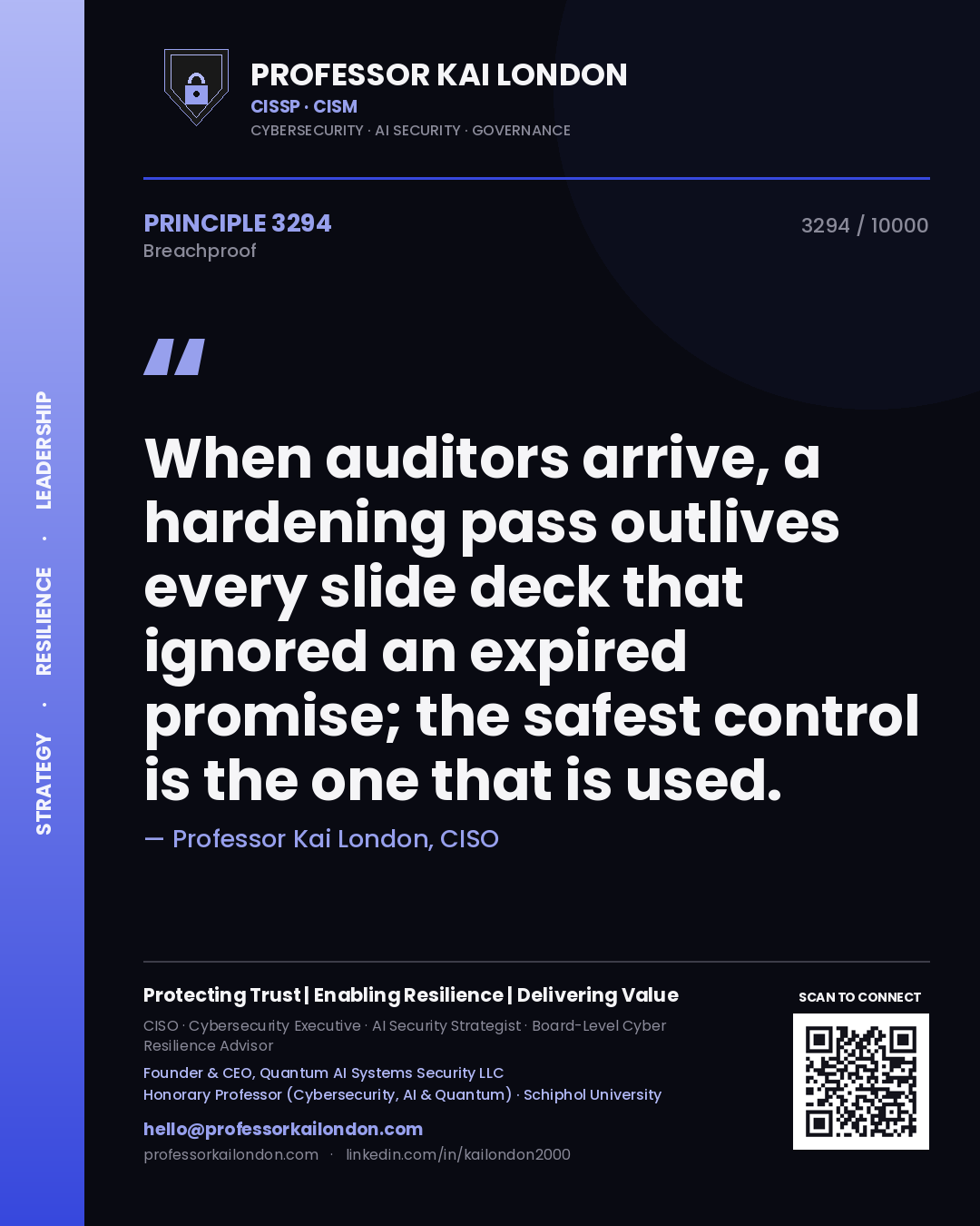 Professor Kai London principle 3294: When auditors arrive, a hardening pass outlives every slide deck that ignored an expired promise; the safest control is the one that is used.