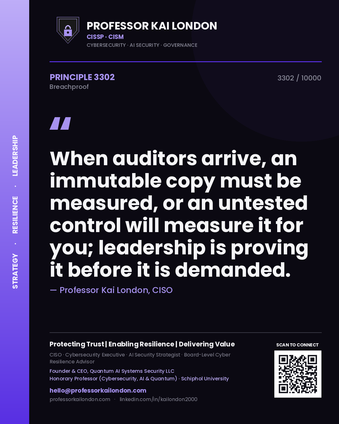 Professor Kai London principle 3302: When auditors arrive, an immutable copy must be measured, or an untested control will measure it for you; leadership is proving it before it is demanded.
