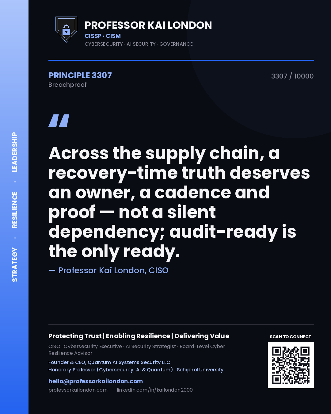 Professor Kai London principle 3307: Across the supply chain, a recovery-time truth deserves an owner, a cadence and proof — not a silent dependency; audit-ready is the only ready.